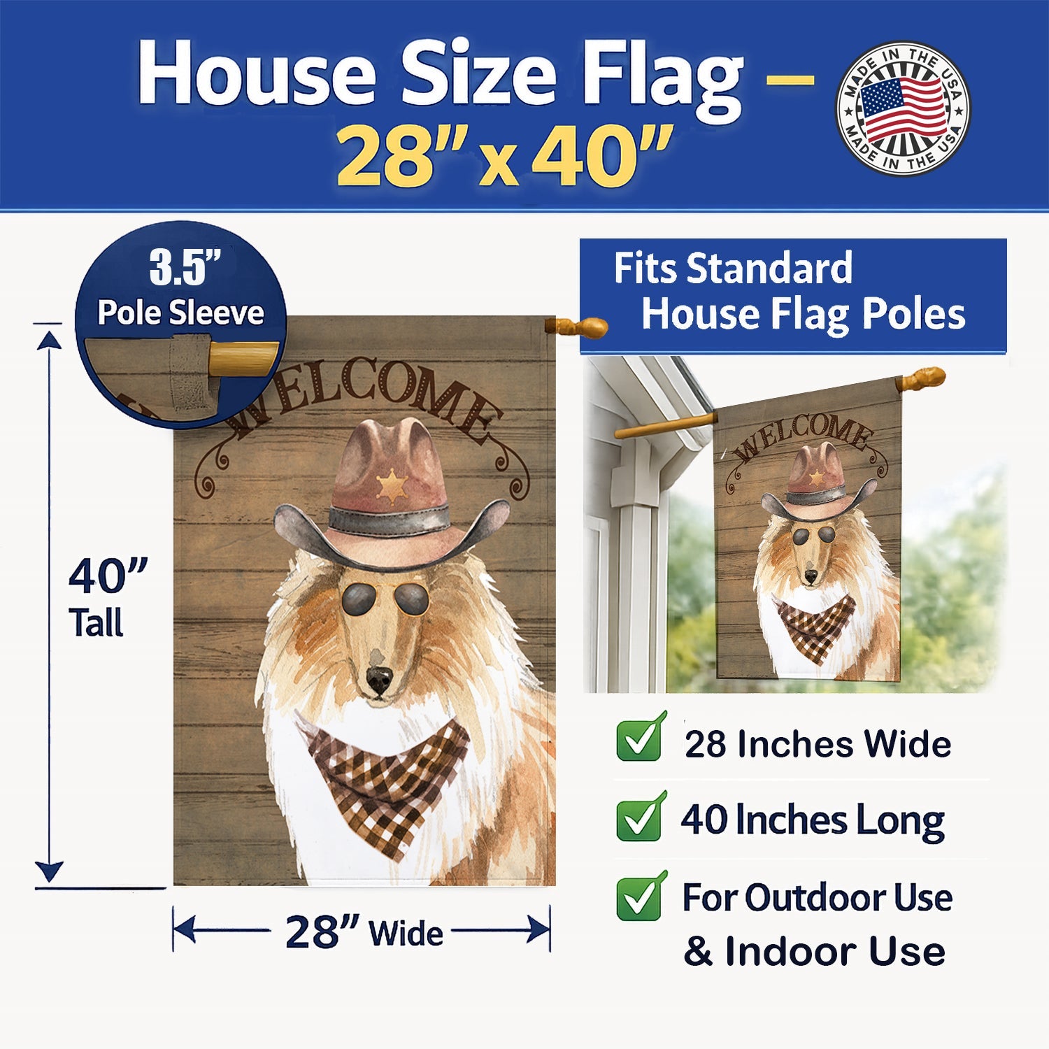 Rough Collie Country Dog House Flag 28x40 Porch Sleeve Pole Decorative Outside Yard Banner Artwork Wall Hanging, Polyester