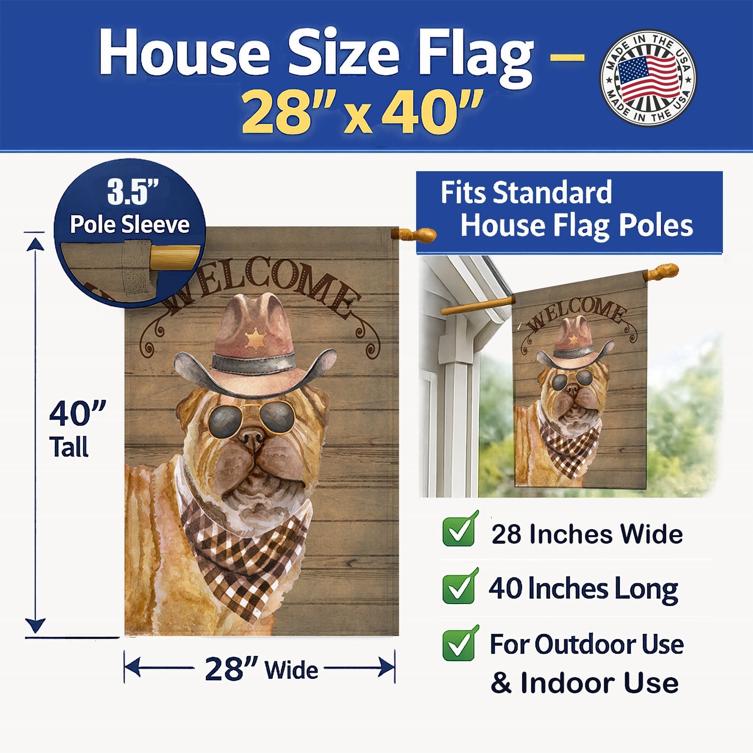 Shar Pei Country Dog House Flag 28x40 Porch Sleeve Pole Decorative Outside Yard Banner Artwork Wall Hanging, Polyester