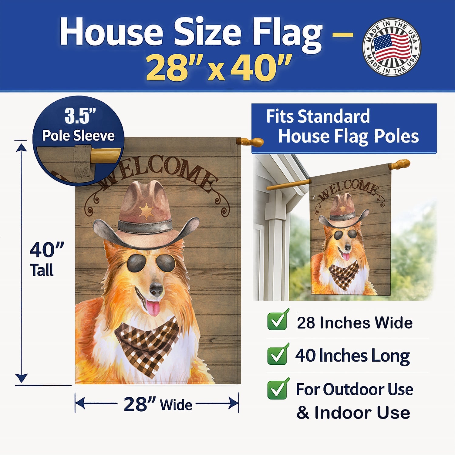 Sheltie Shetland Sheepdog Country Dog House Flag 28x40 Porch Sleeve Pole Decorative Outside Yard Banner Artwork Wall Hanging, Polyester