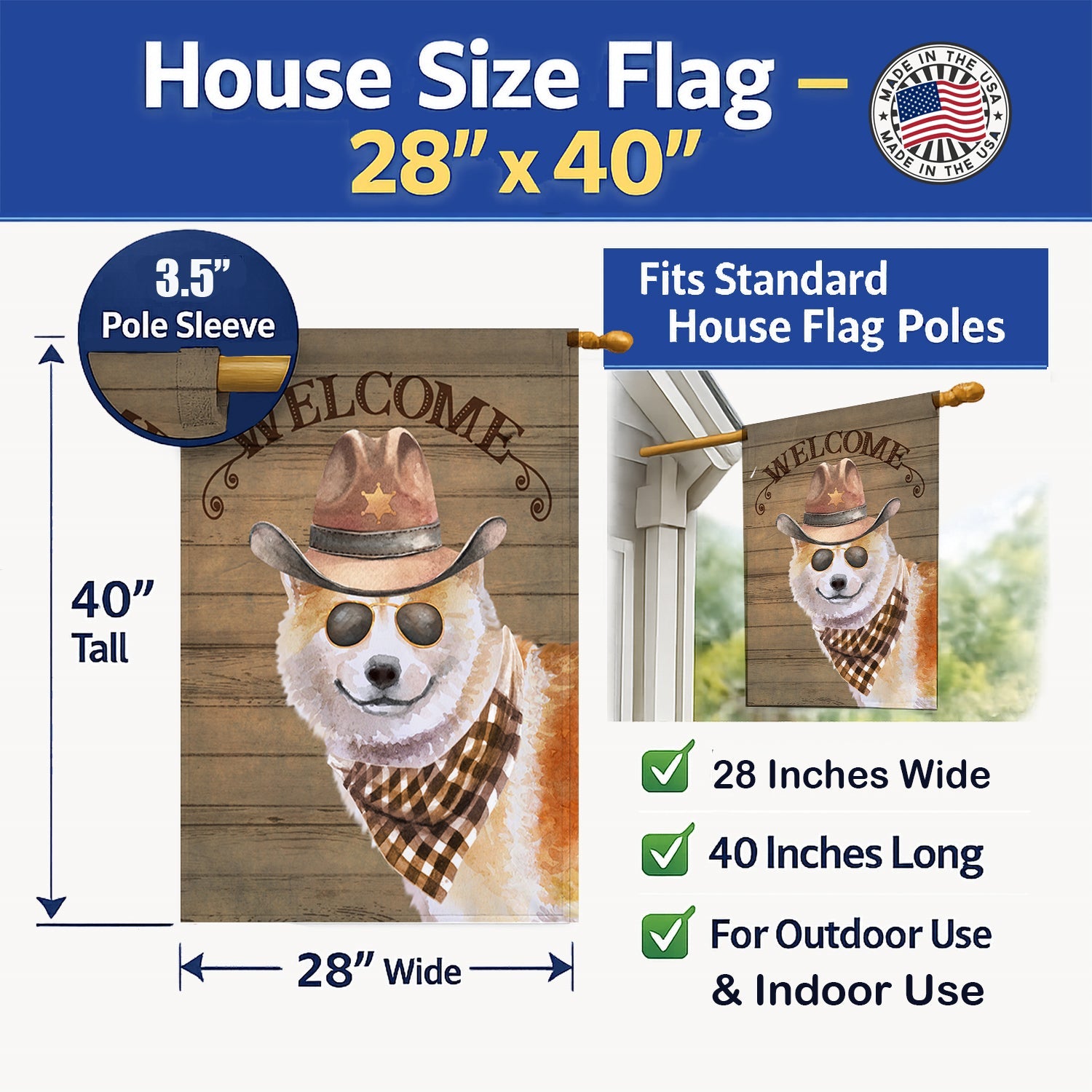 Shiba Inu Country Dog House Flag 28x40 Porch Sleeve Pole Decorative Outside Yard Banner Artwork Wall Hanging, Polyester