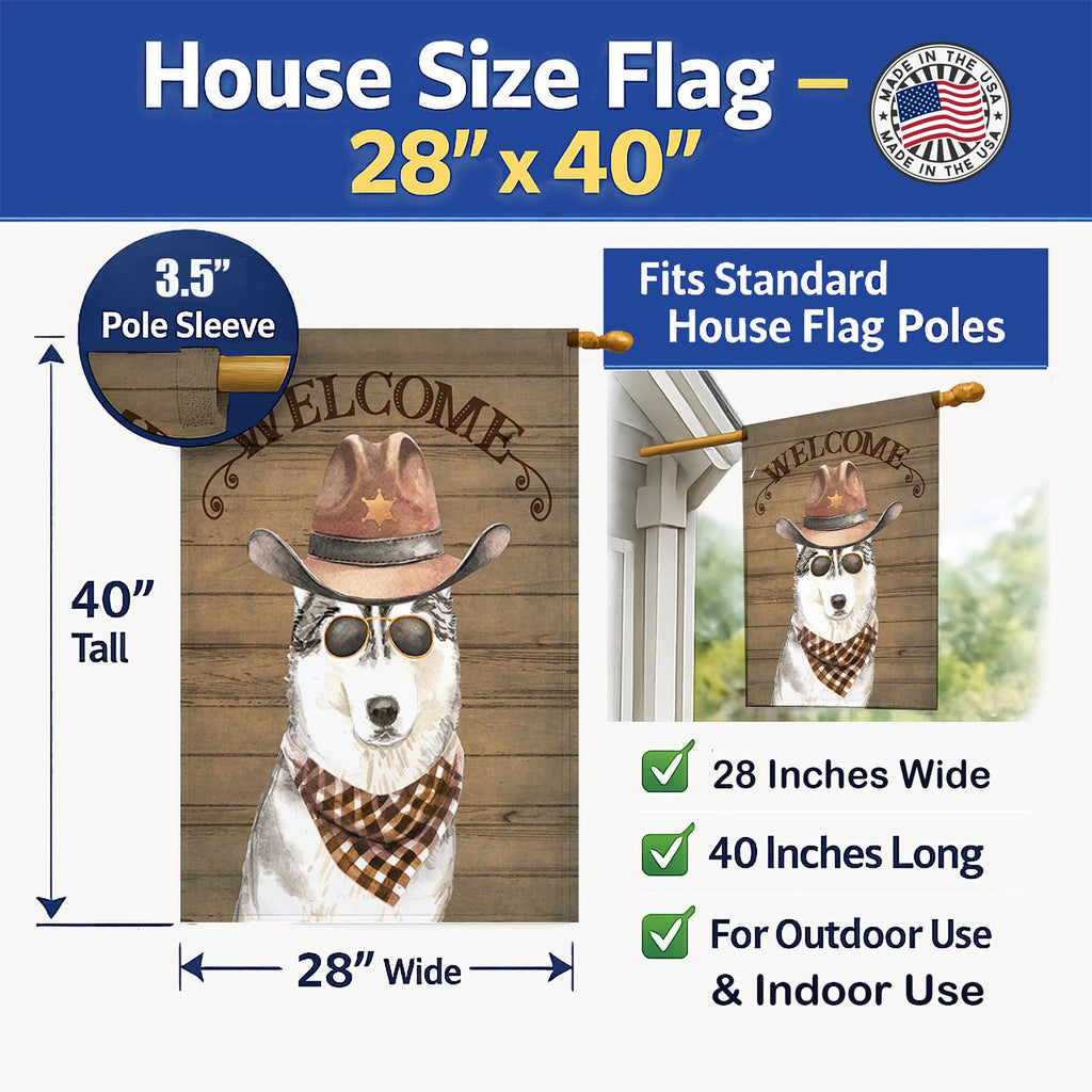 Siberian Husky Country Dog House Flag 28x40 Porch Sleeve Pole Decorative Outside Yard Banner Artwork Wall Hanging, Polyester