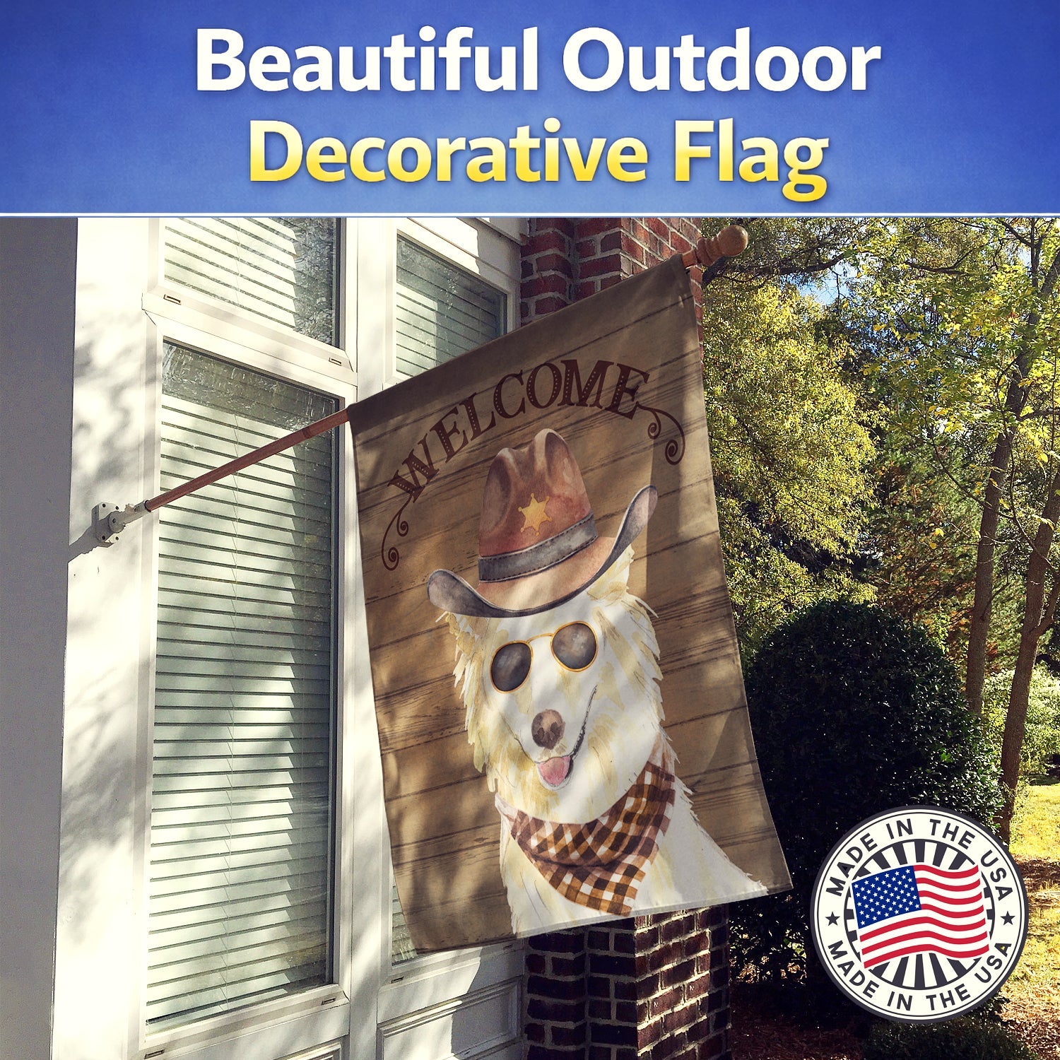 White Collie Country Dog House Flag 28x40 Porch Sleeve Pole Decorative Outside Yard Banner Artwork Wall Hanging, Polyester