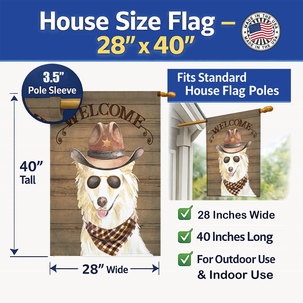 White Collie Country Dog House Flag 28x40 Porch Sleeve Pole Decorative Outside Yard Banner Artwork Wall Hanging, Polyester