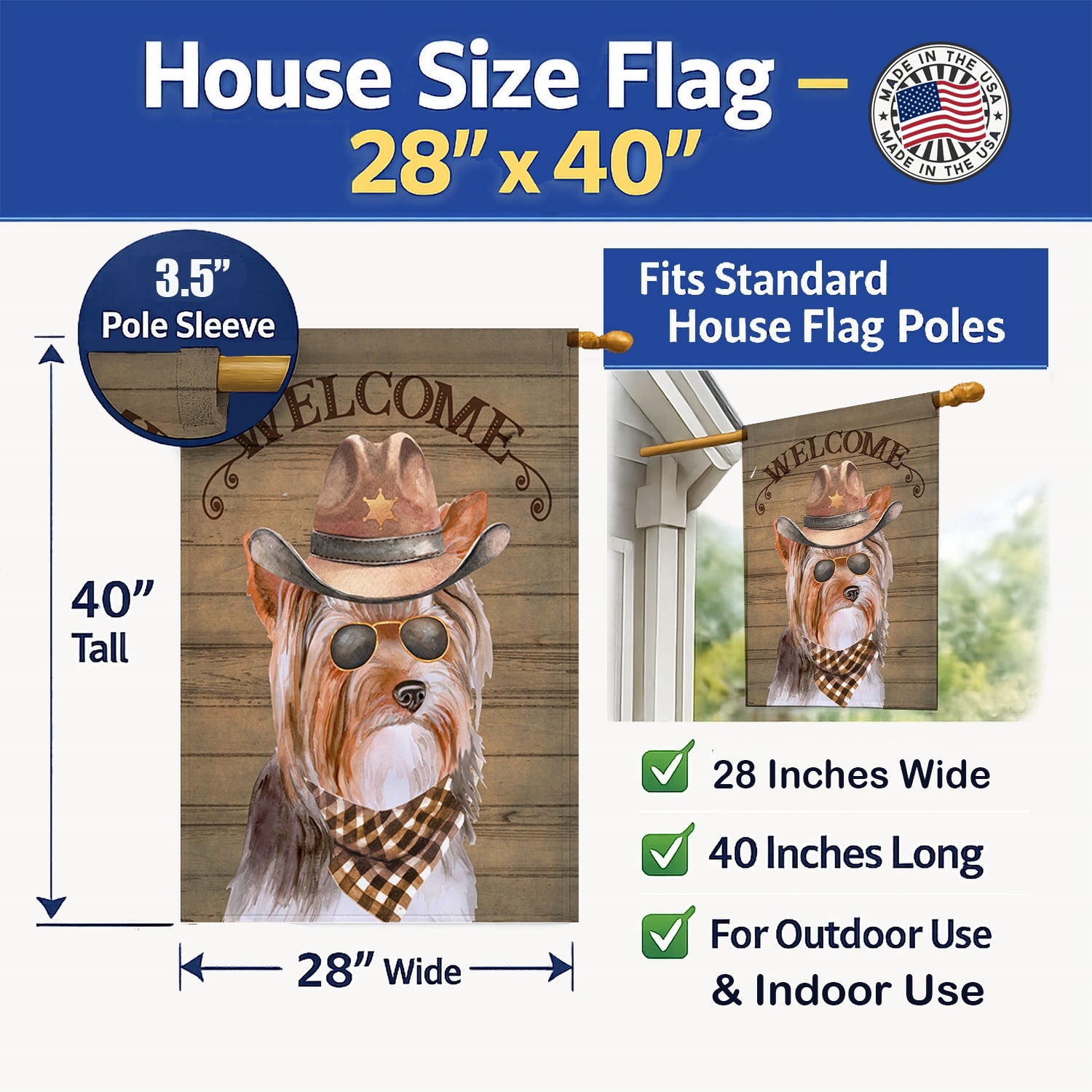 Yorkshire Terrier #3 Country Dog House Flag 28x40 Porch Sleeve Pole Decorative Outside Yard Banner Artwork Wall Hanging, Polyester