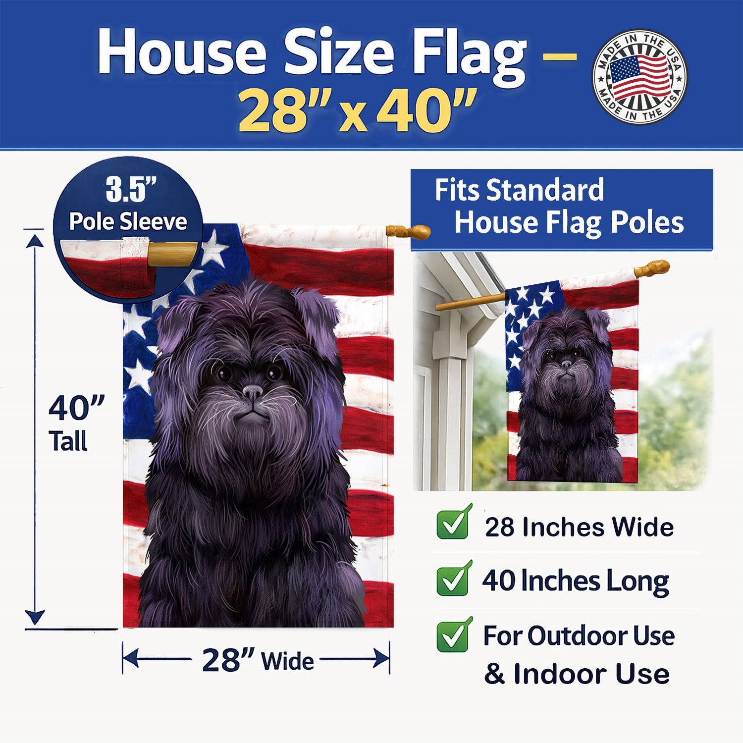 Affenpinscher American Flag House Flag 28x40 Porch Sleeve Pole Decorative Outside Yard Banner Artwork Wall Hanging, Polyester