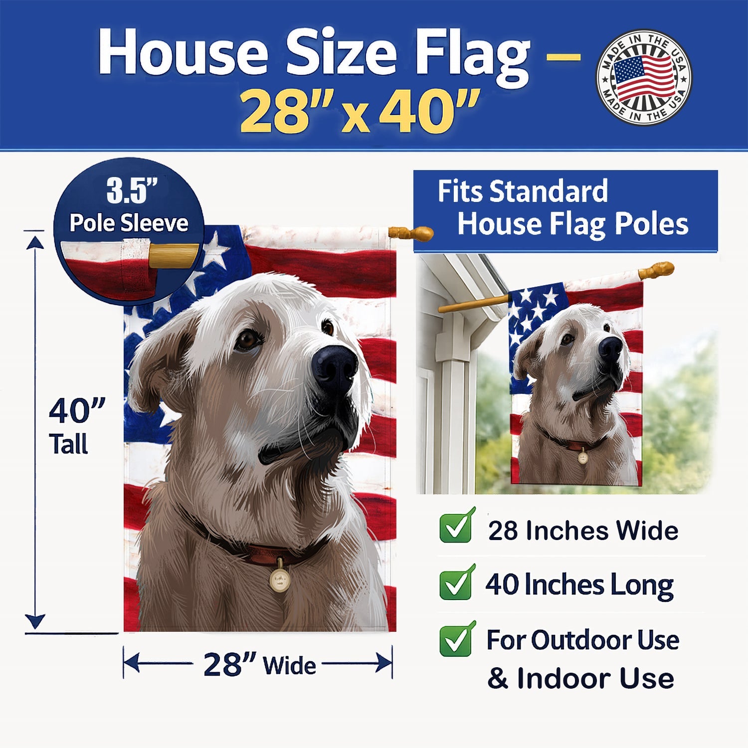 Akbash American Flag House Flag 28x40 Porch Sleeve Pole Decorative Outside Yard Banner Artwork Wall Hanging, Polyester