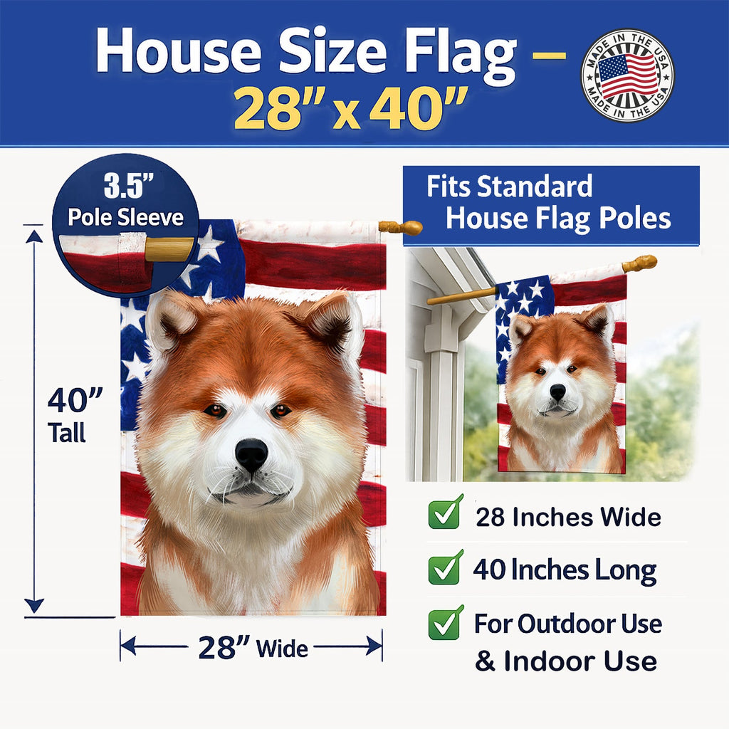 Akita American Flag House Flag 28x40 Porch Sleeve Pole Decorative Outside Yard Banner Artwork Wall Hanging, Polyester