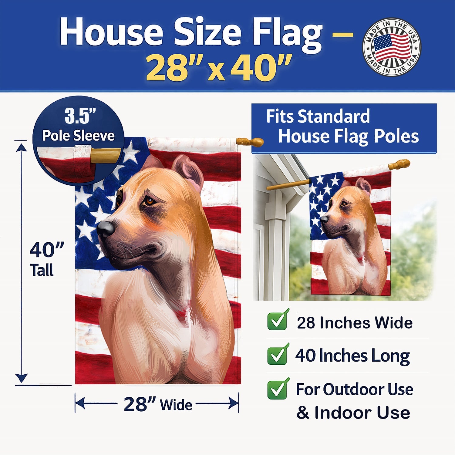 Alano Espanol American Flag House Flag 28x40 Porch Sleeve Pole Decorative Outside Yard Banner Artwork Wall Hanging, Polyester