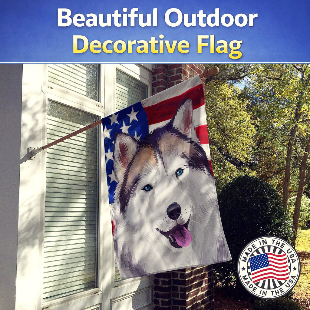 Alaskan Husky American Flag House Flag 28x40 Porch Sleeve Pole Decorative Outside Yard Banner Artwork Wall Hanging, Polyester