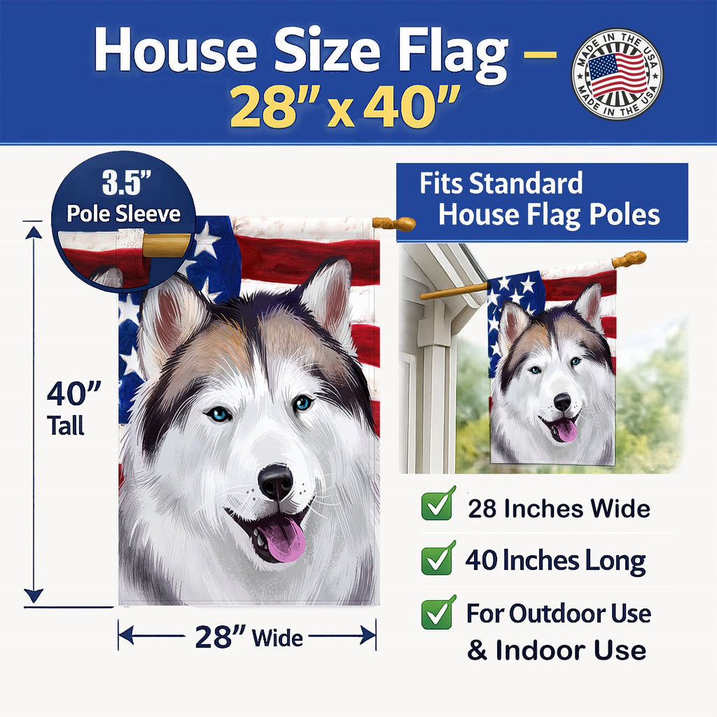 Alaskan Husky American Flag House Flag 28x40 Porch Sleeve Pole Decorative Outside Yard Banner Artwork Wall Hanging, Polyester