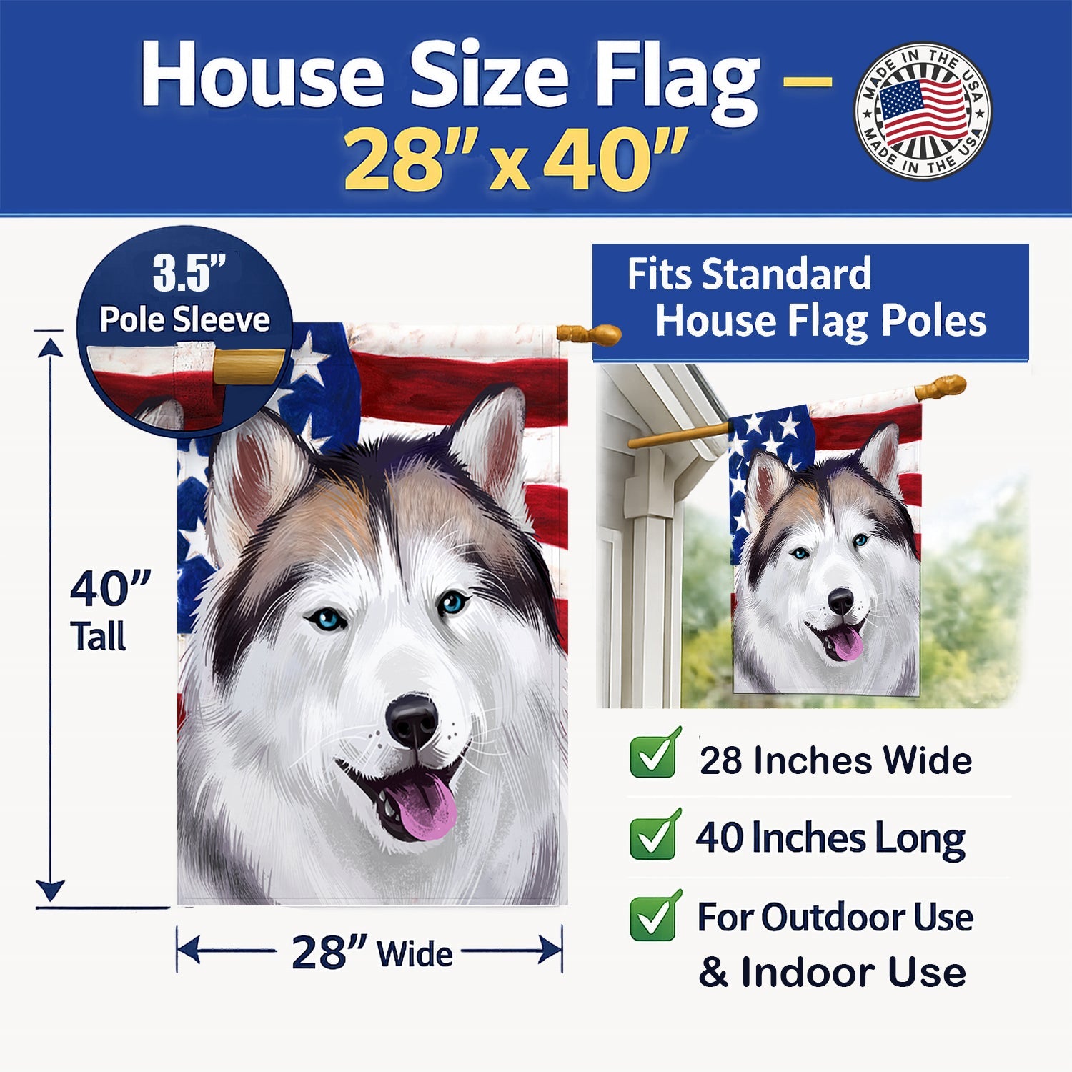 Alaskan Husky American Flag House Flag 28x40 Porch Sleeve Pole Decorative Outside Yard Banner Artwork Wall Hanging, Polyester