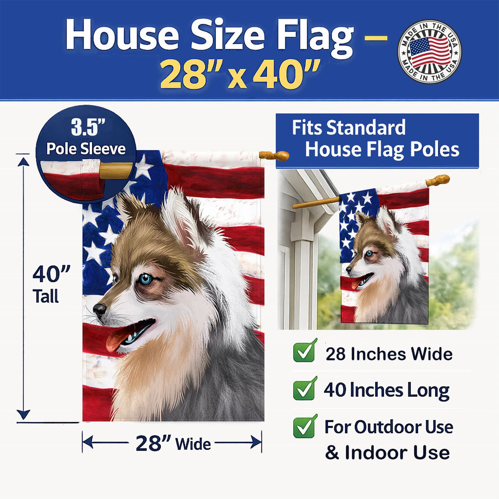 Alaskan Klee Kai American Flag House Flag 28x40 Porch Sleeve Pole Decorative Outside Yard Banner Artwork Wall Hanging, Polyester