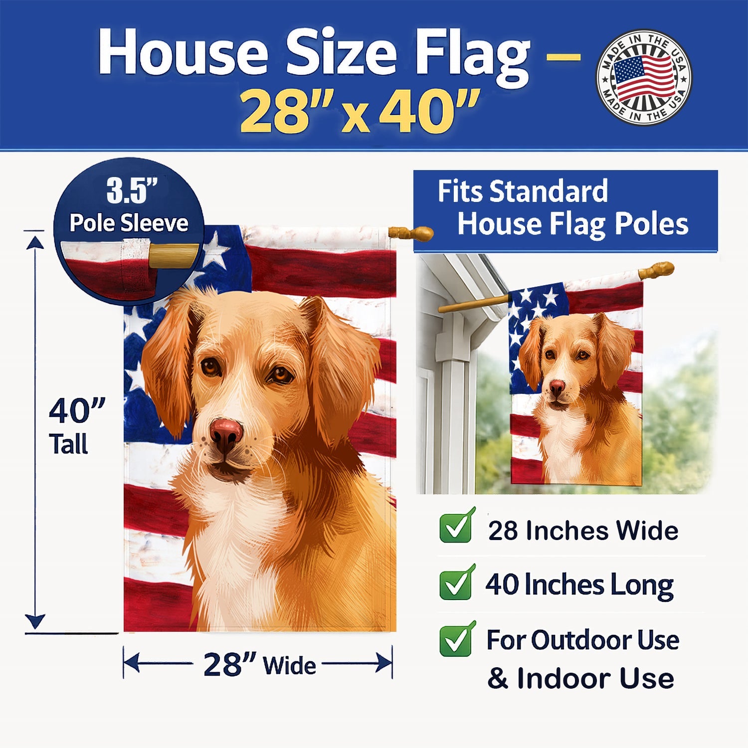 Alopekis Dog American Flag House Flag 28x40 Porch Sleeve Pole Decorative Outside Yard Banner Artwork Wall Hanging, Polyester
