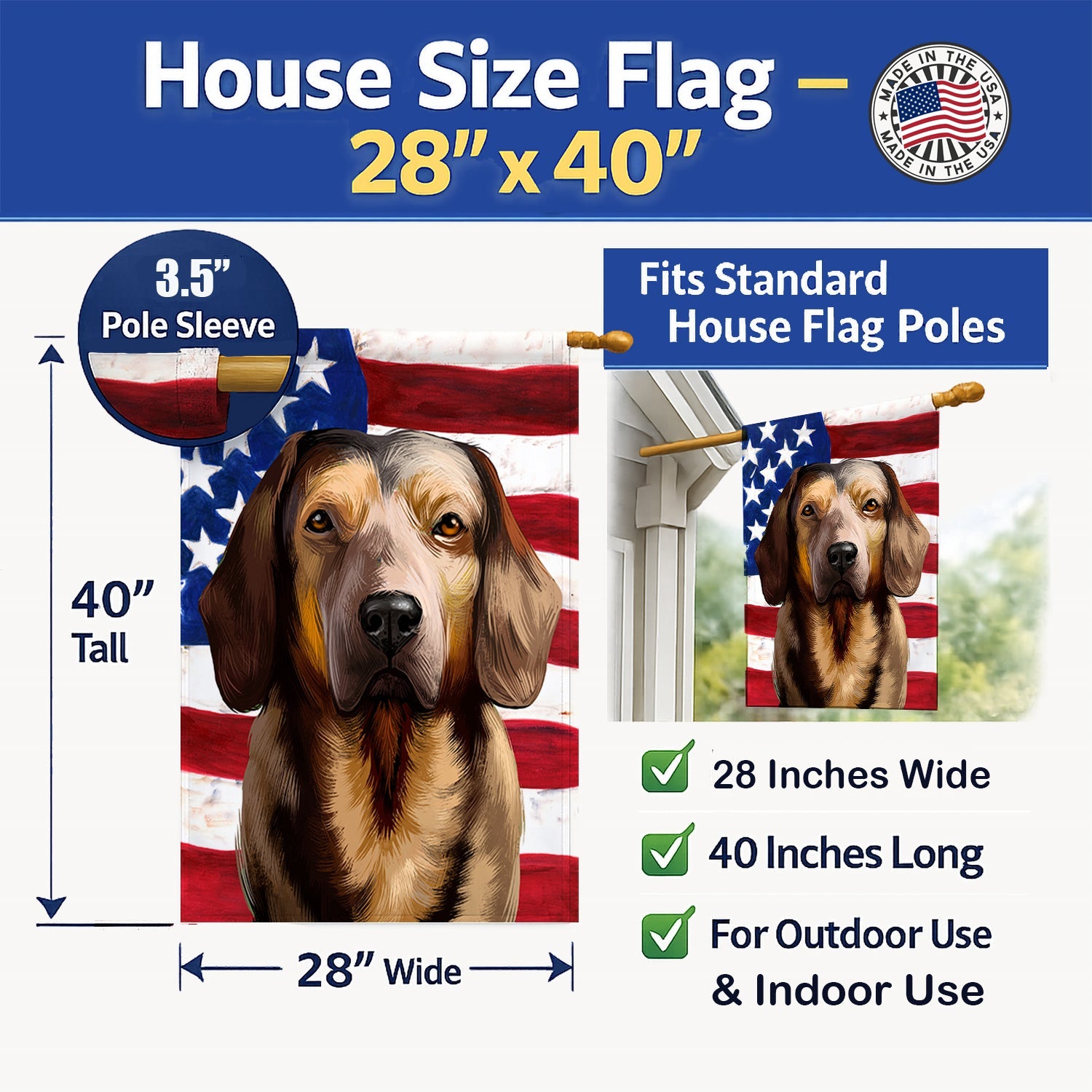 Alpine Dachsbracke American Flag House Flag 28x40 Porch Sleeve Pole Decorative Outside Yard Banner Artwork Wall Hanging, Polyester