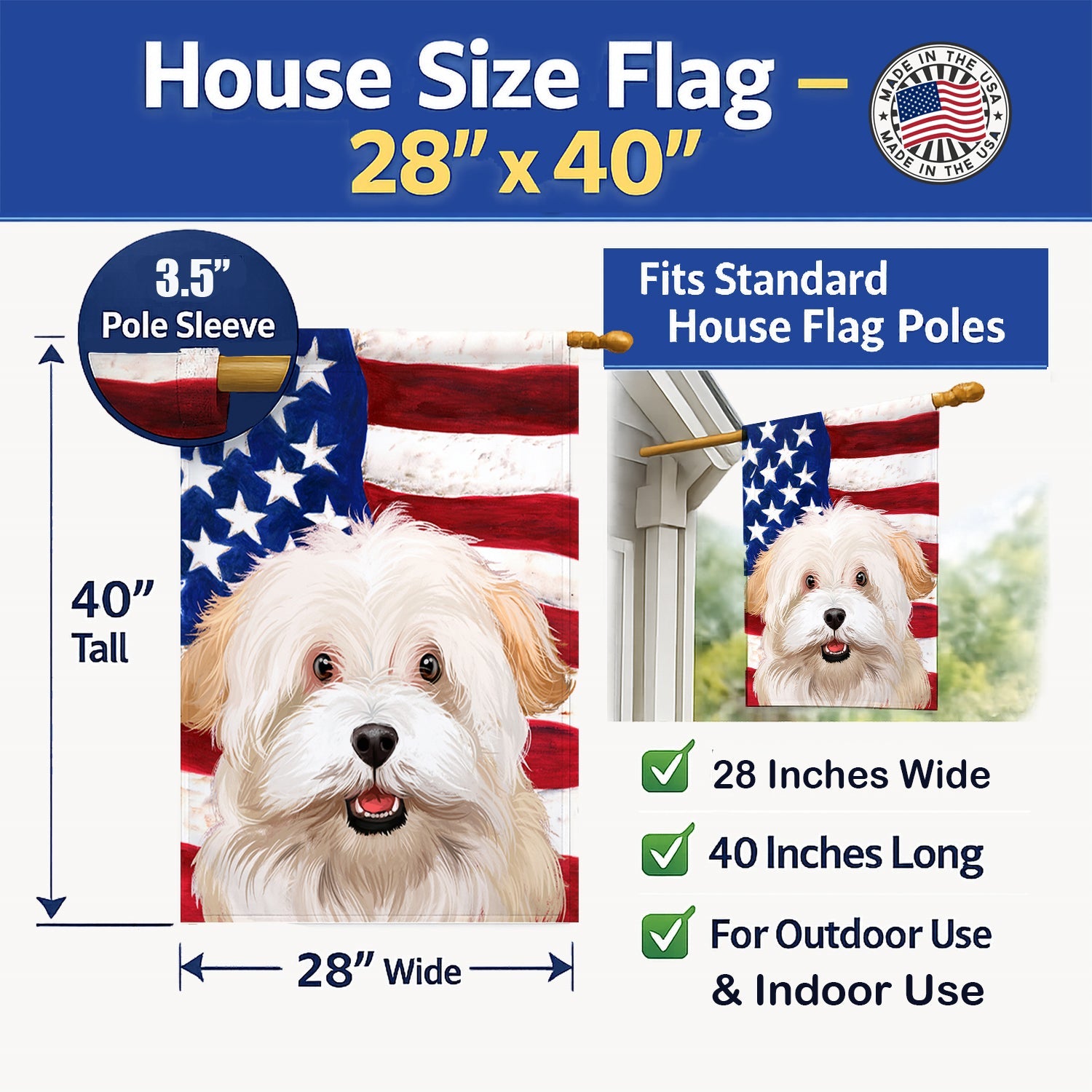 Alpine Spaniel American Flag House Flag 28x40 Porch Sleeve Pole Decorative Outside Yard Banner Artwork Wall Hanging, Polyester