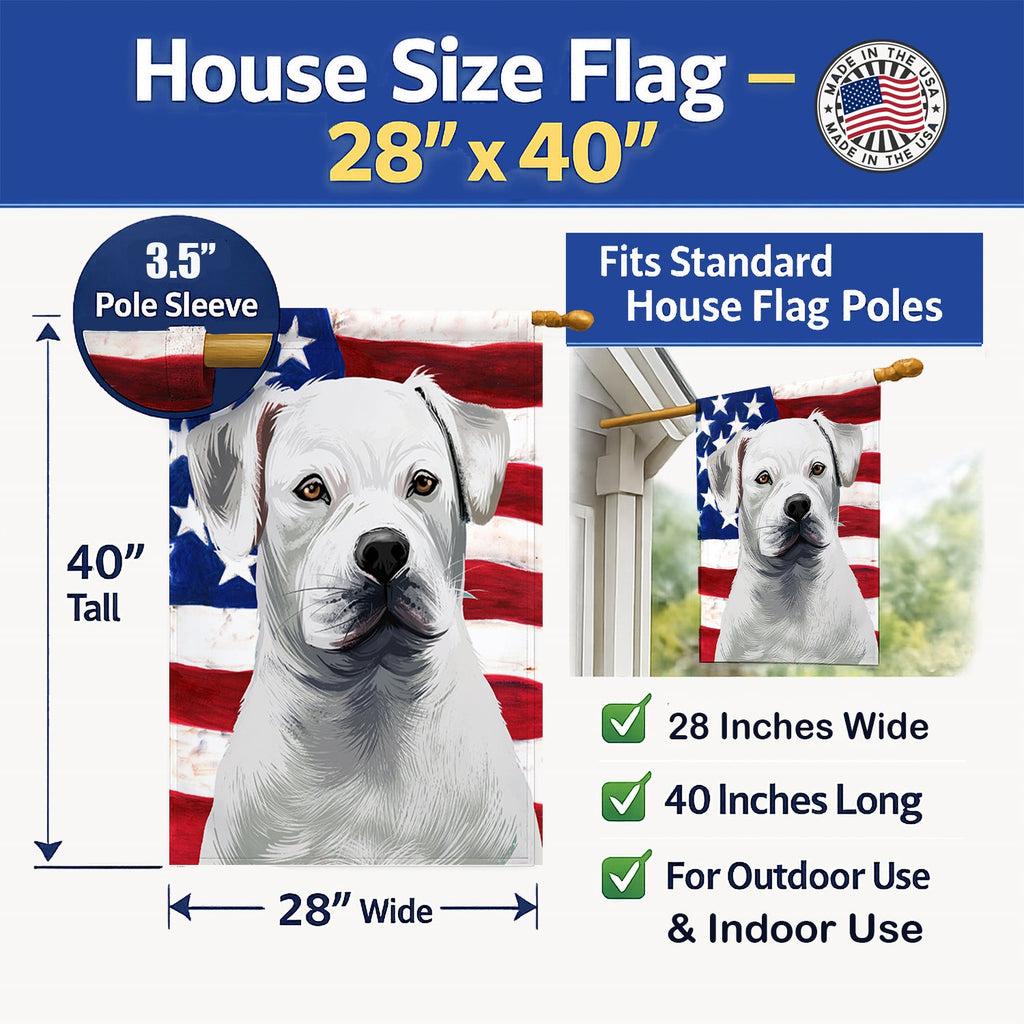 American Bulldog American Flag House Flag 28x40 Porch Sleeve Pole Decorative Outside Yard Banner Artwork Wall Hanging, Polyester