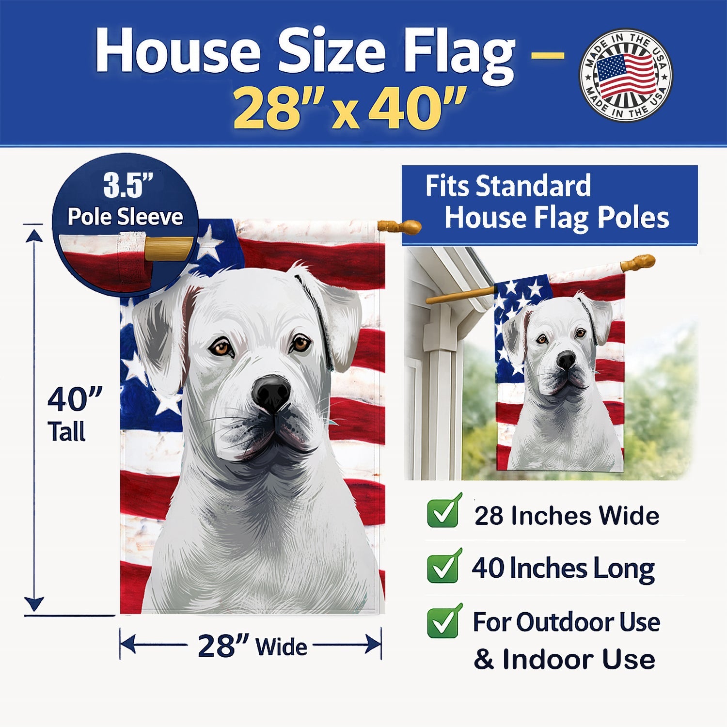 American Bulldog American Flag House Flag 28x40 Porch Sleeve Pole Decorative Outside Yard Banner Artwork Wall Hanging, Polyester