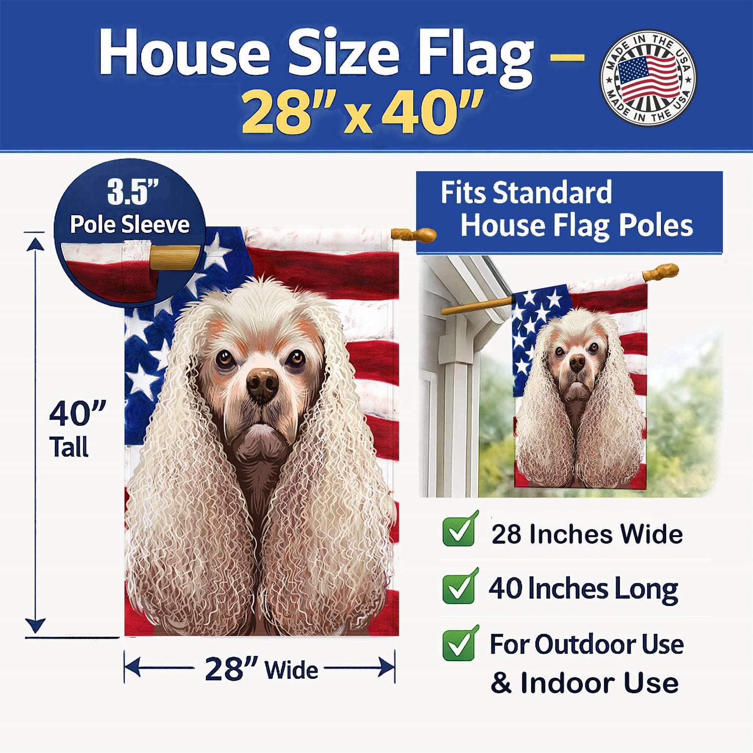 American Cocker Spaniel American Flag House Flag 28x40 Porch Sleeve Pole Decorative Outside Yard Banner Artwork Wall Hanging, Polyester