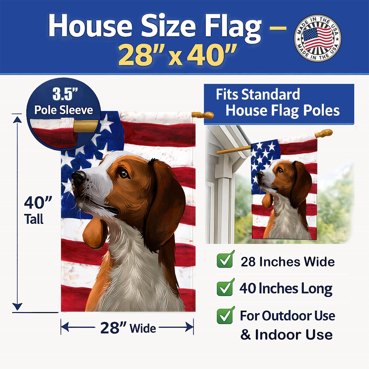 American English Coonhound American Flag House Flag 28x40 Porch Sleeve Pole Decorative Outside Yard Banner Artwork Wall Hanging, Polyester