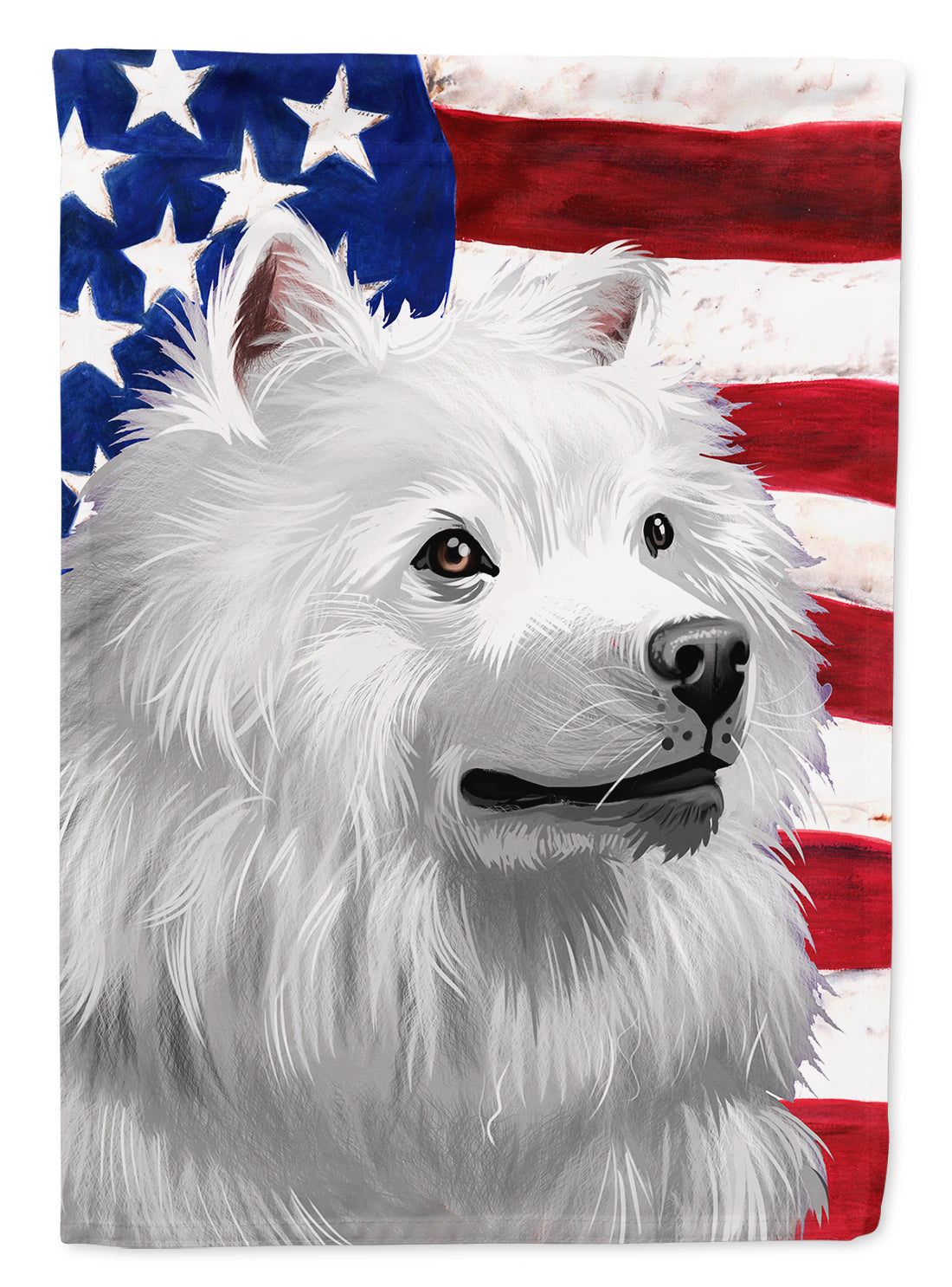 American Eskimo Dog American Flag House Flag 28x40 Porch Sleeve Pole Decorative Outside Yard Banner Artwork Wall Hanging, Polyester