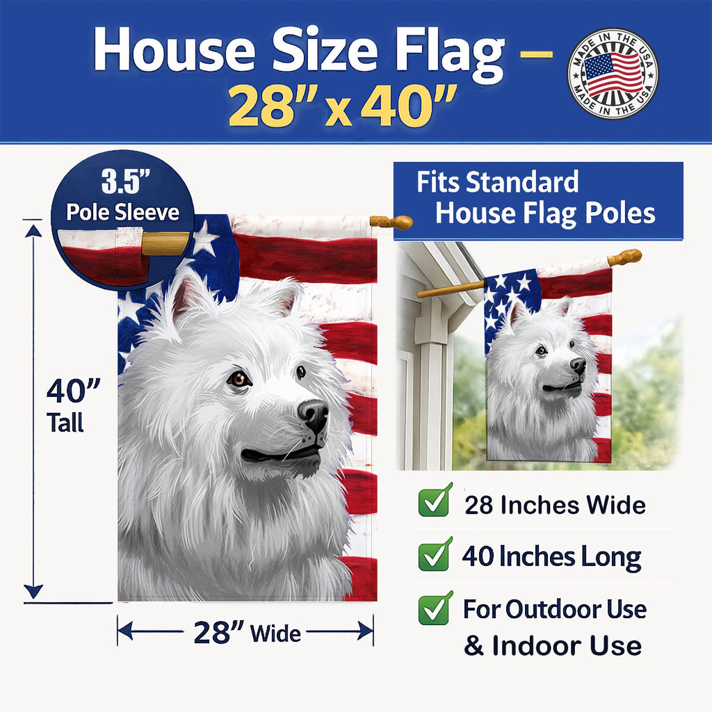 American Eskimo Dog American Flag House Flag 28x40 Porch Sleeve Pole Decorative Outside Yard Banner Artwork Wall Hanging, Polyester