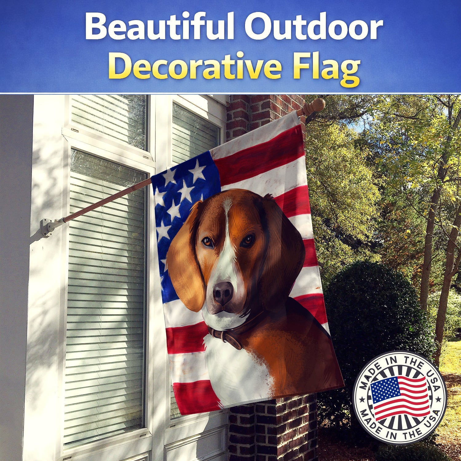 American Foxhound Dog American Flag House Flag 28x40 Porch Sleeve Pole Decorative Outside Yard Banner Artwork Wall Hanging, Polyester
