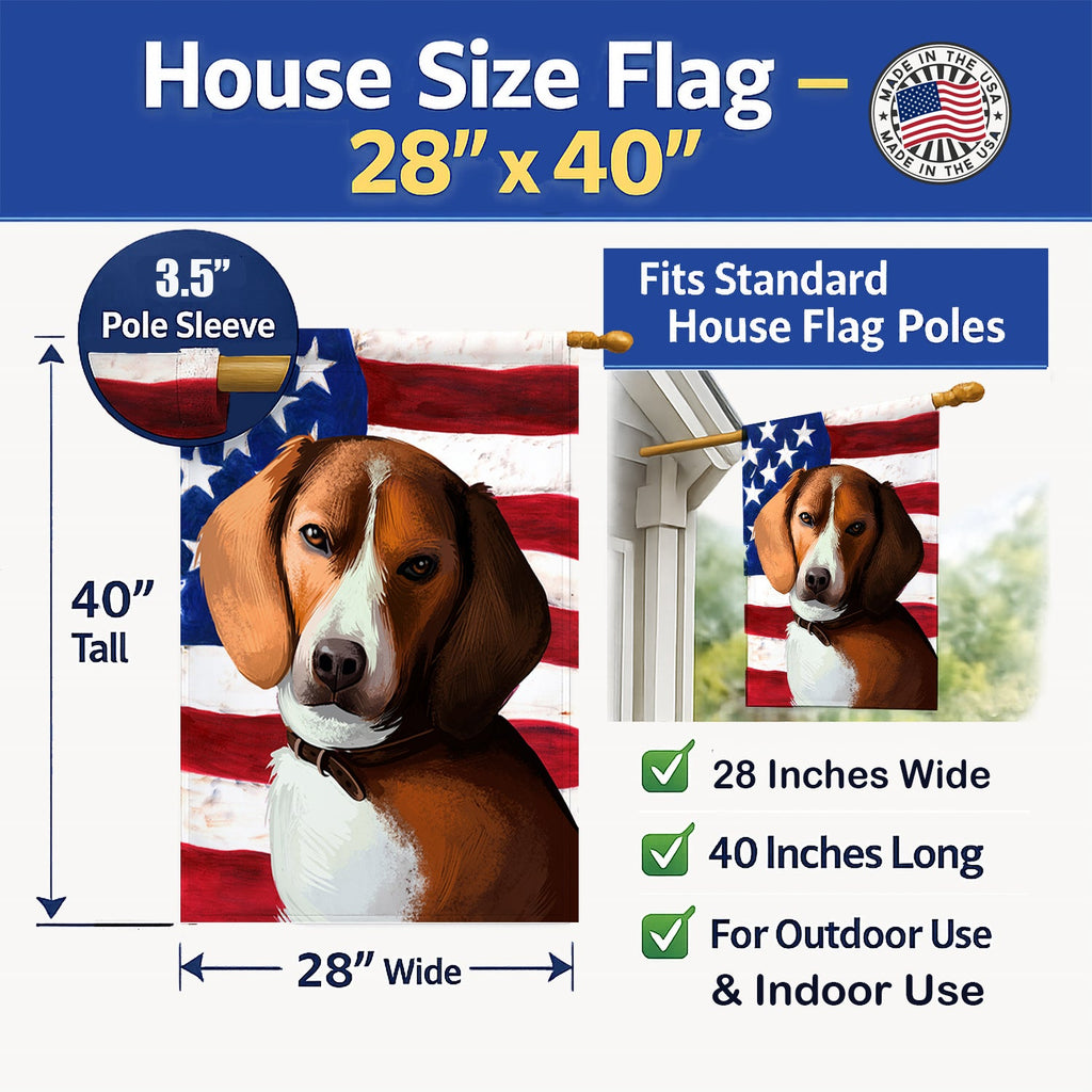 American Foxhound Dog American Flag House Flag 28x40 Porch Sleeve Pole Decorative Outside Yard Banner Artwork Wall Hanging, Polyester