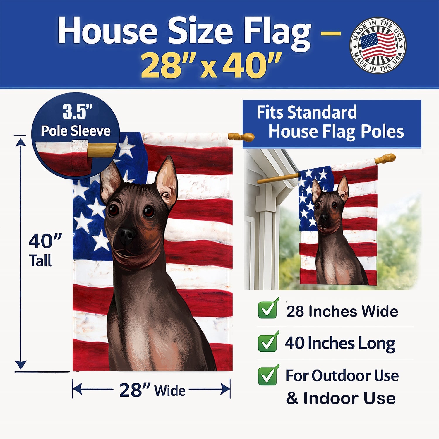 American Hairless Terrier American Flag House Flag 28x40 Porch Sleeve Pole Decorative Outside Yard Banner Artwork Wall Hanging, Polyester