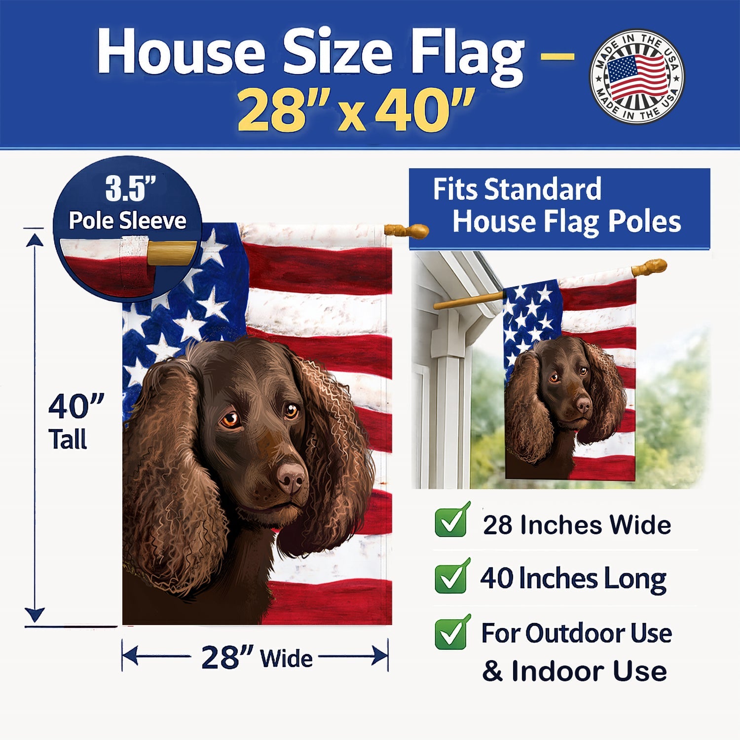American Water Spaniel  American Flag House Flag 28x40 Porch Sleeve Pole Decorative Outside Yard Banner Artwork Wall Hanging, Polyester