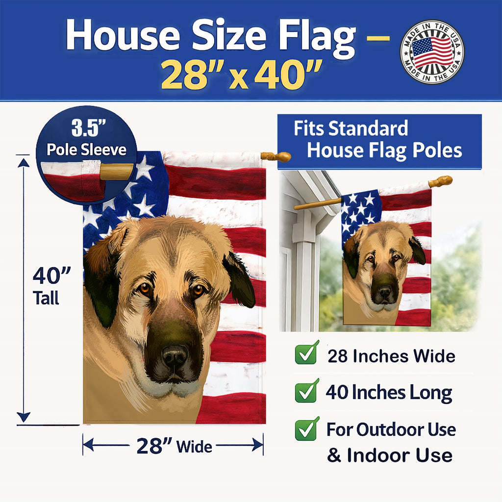 Anatolian Shepherd Dog American Flag House Flag 28x40 Porch Sleeve Pole Decorative Outside Yard Banner Artwork Wall Hanging, Polyester