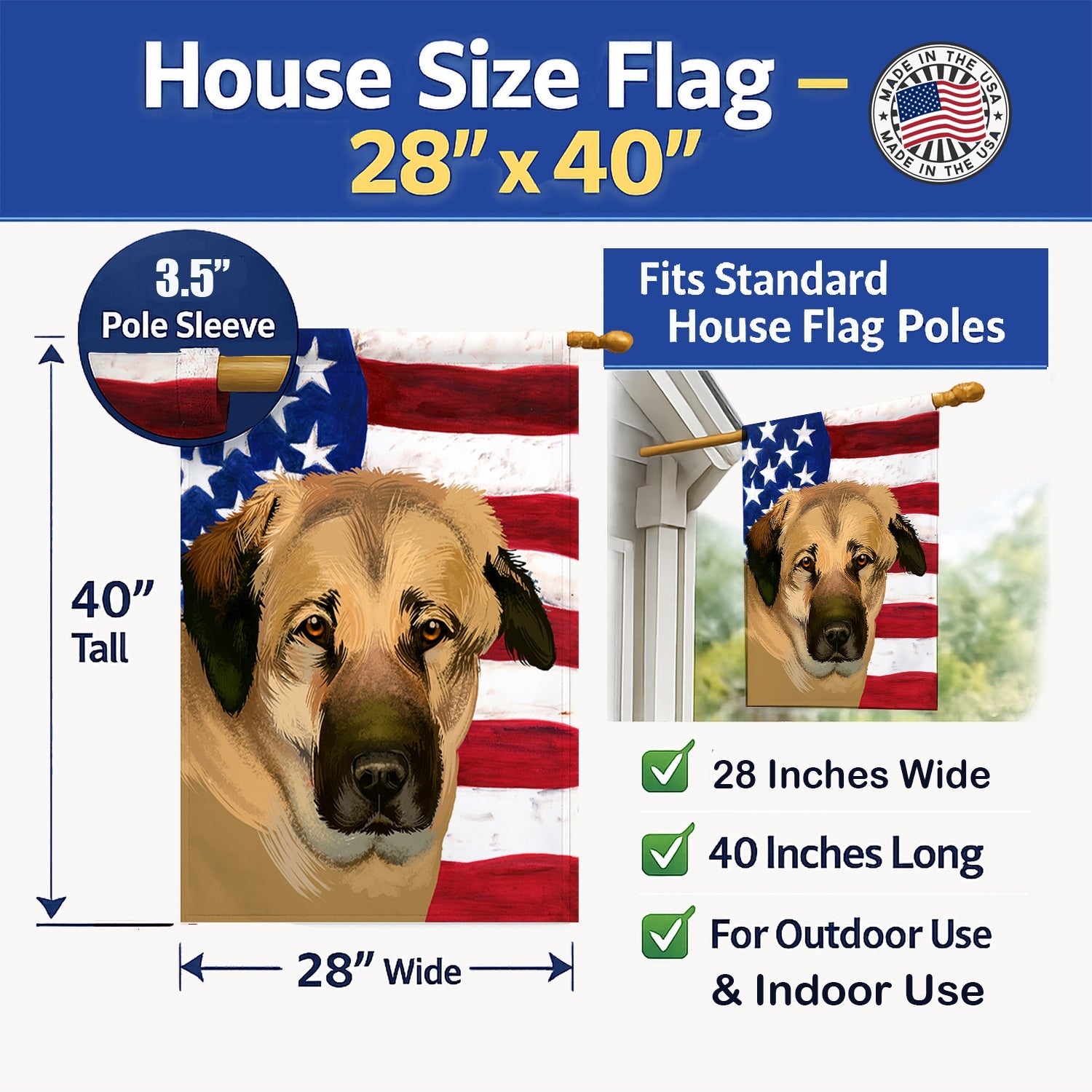 Anatolian Shepherd Dog American Flag House Flag 28x40 Porch Sleeve Pole Decorative Outside Yard Banner Artwork Wall Hanging, Polyester