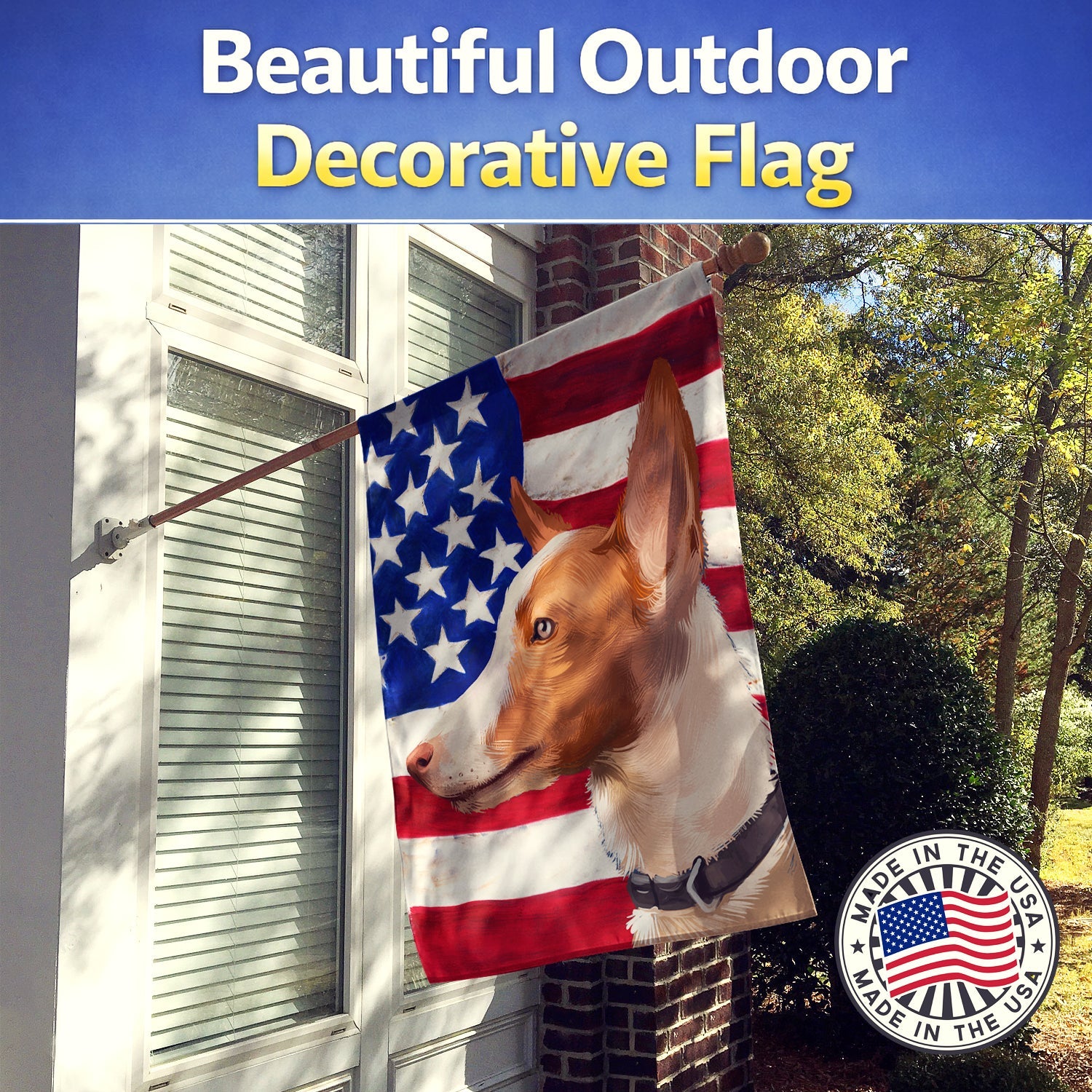 Andalusian Hound Dog American Flag House Flag 28x40 Porch Sleeve Pole Decorative Outside Yard Banner Artwork Wall Hanging, Polyester