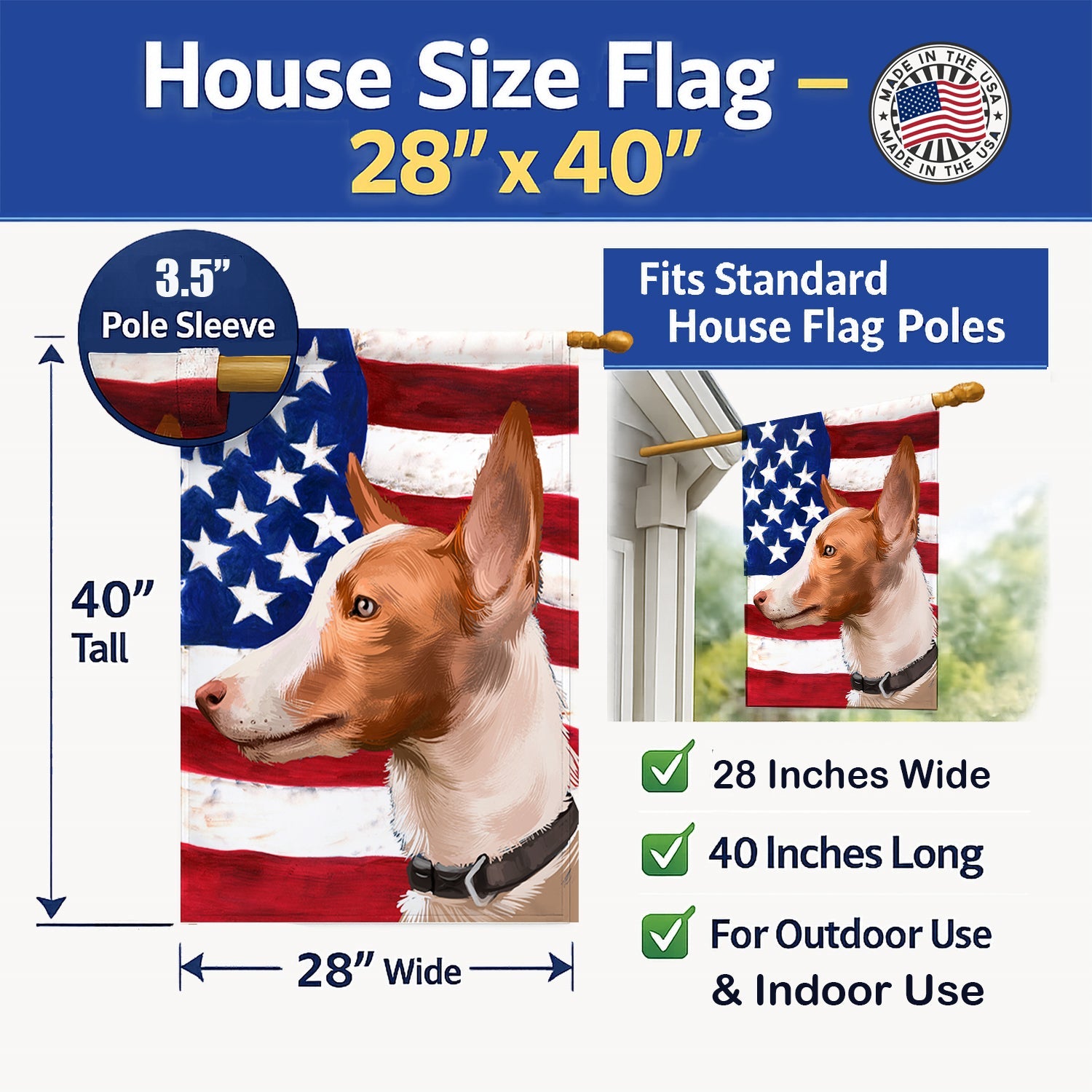 Andalusian Hound Dog American Flag House Flag 28x40 Porch Sleeve Pole Decorative Outside Yard Banner Artwork Wall Hanging, Polyester
