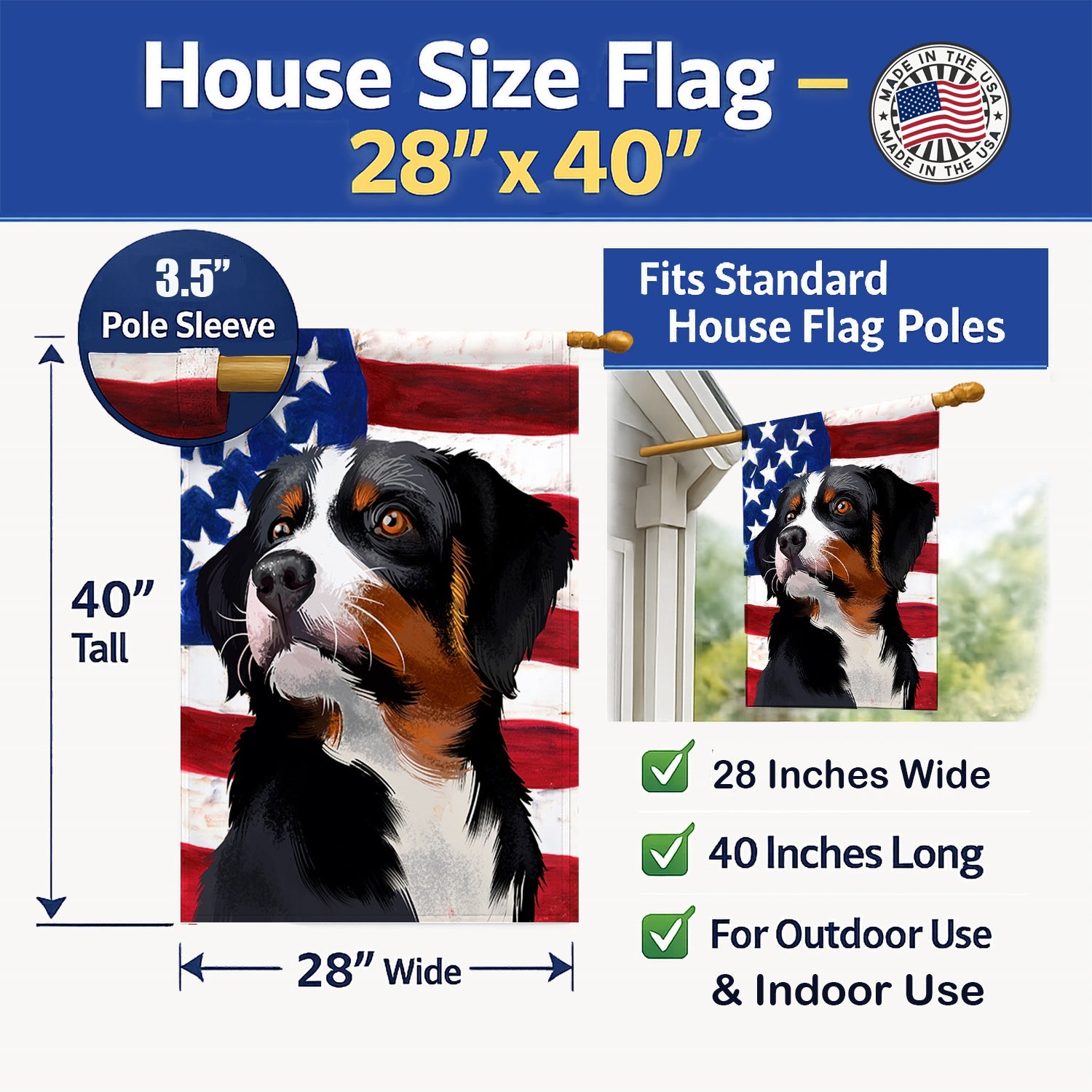 Appenzeller Sennenhund American Flag House Flag 28x40 Porch Sleeve Pole Decorative Outside Yard Banner Artwork Wall Hanging, Polyester