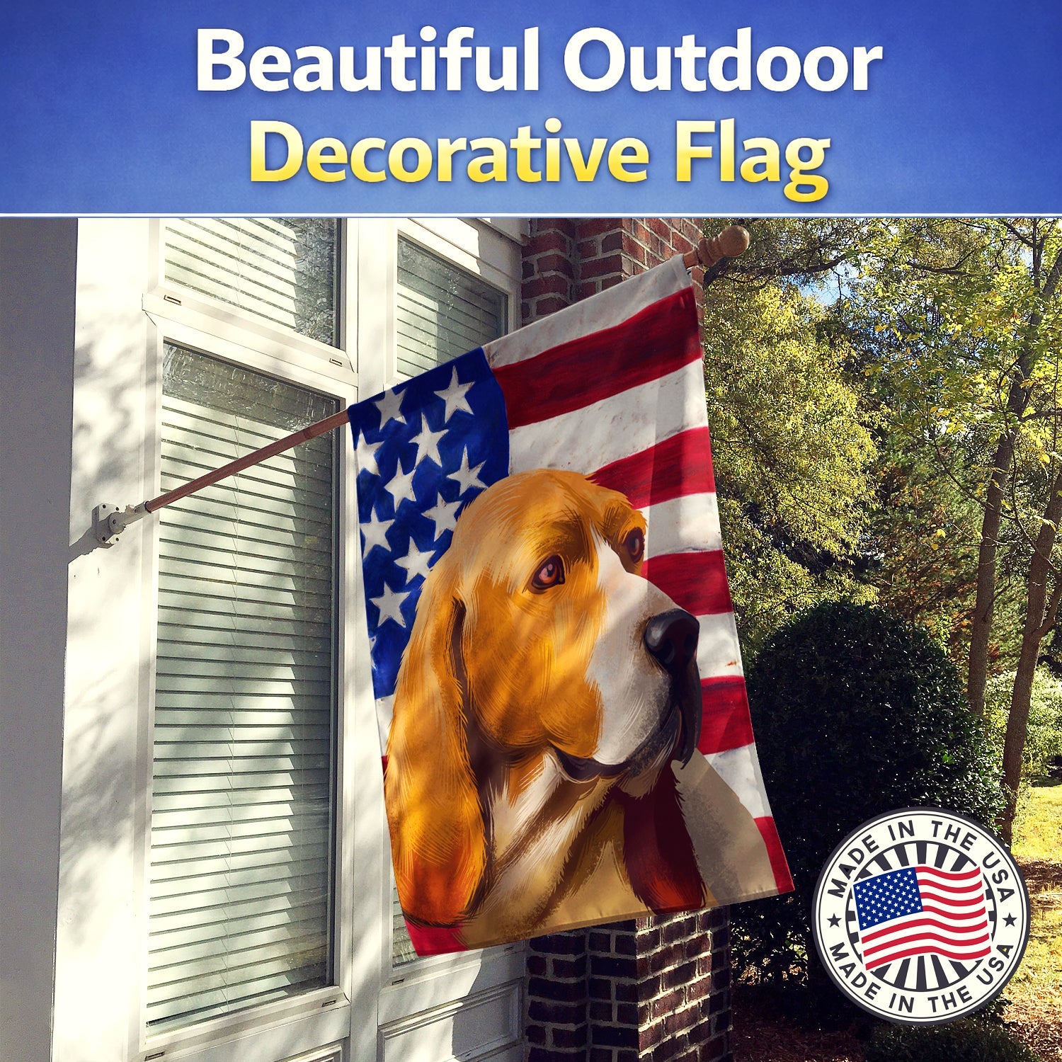 Artois Hound Dog American Flag House Flag 28x40 Porch Sleeve Pole Decorative Outside Yard Banner Artwork Wall Hanging, Polyester