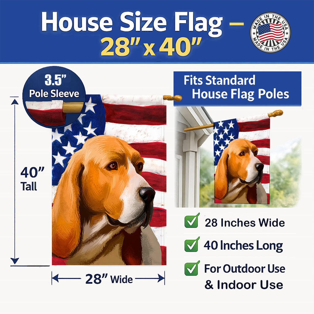 Artois Hound Dog American Flag House Flag 28x40 Porch Sleeve Pole Decorative Outside Yard Banner Artwork Wall Hanging, Polyester