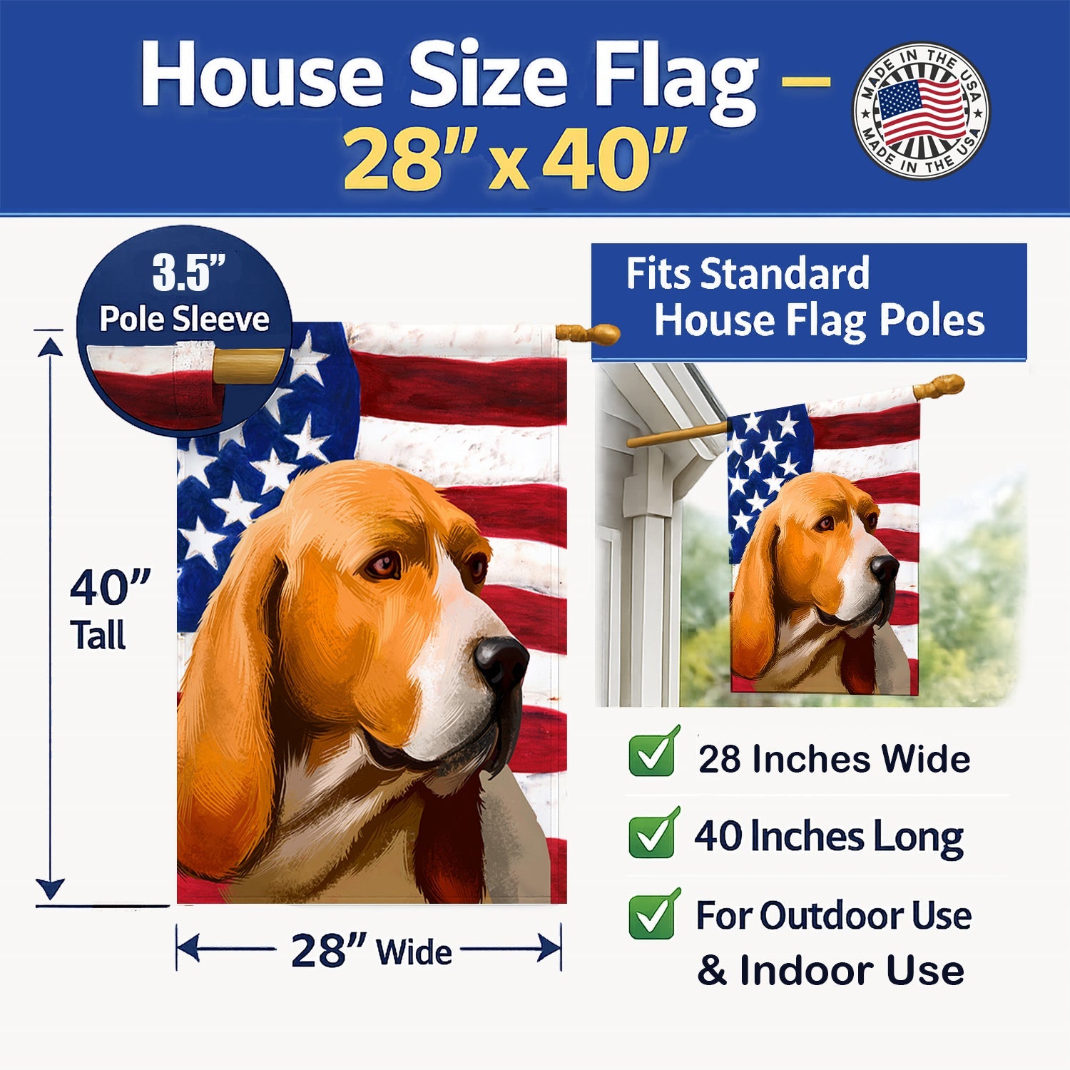 Artois Hound Dog American Flag House Flag 28x40 Porch Sleeve Pole Decorative Outside Yard Banner Artwork Wall Hanging, Polyester