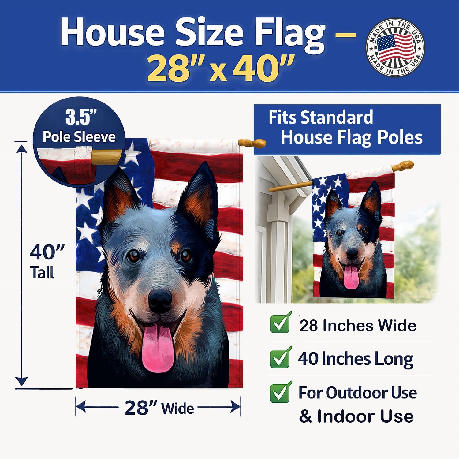 Australian Cattle Dog American Flag House Flag 28x40 Porch Sleeve Pole Decorative Outside Yard Banner Artwork Wall Hanging, Polyester