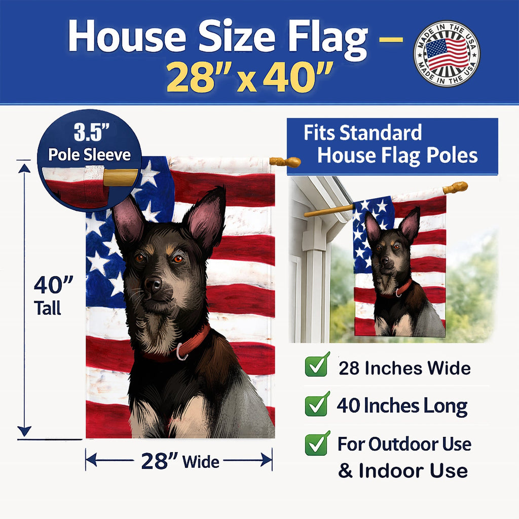 Australian Kelpie American Flag House Flag 28x40 Porch Sleeve Pole Decorative Outside Yard Banner Artwork Wall Hanging, Polyester