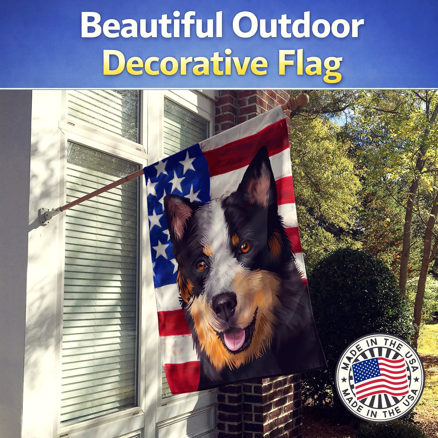 Australian Stumpy Tail Cattle Dog American Flag House Flag 28x40 Porch Sleeve Pole Decorative Outside Yard Banner Artwork Wall Hanging, Polyester
