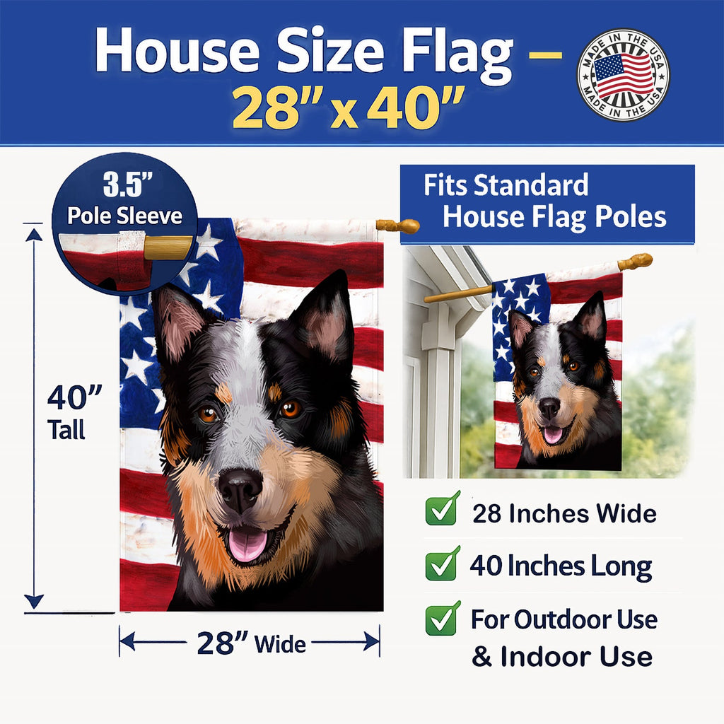 Australian Stumpy Tail Cattle Dog American Flag House Flag 28x40 Porch Sleeve Pole Decorative Outside Yard Banner Artwork Wall Hanging, Polyester