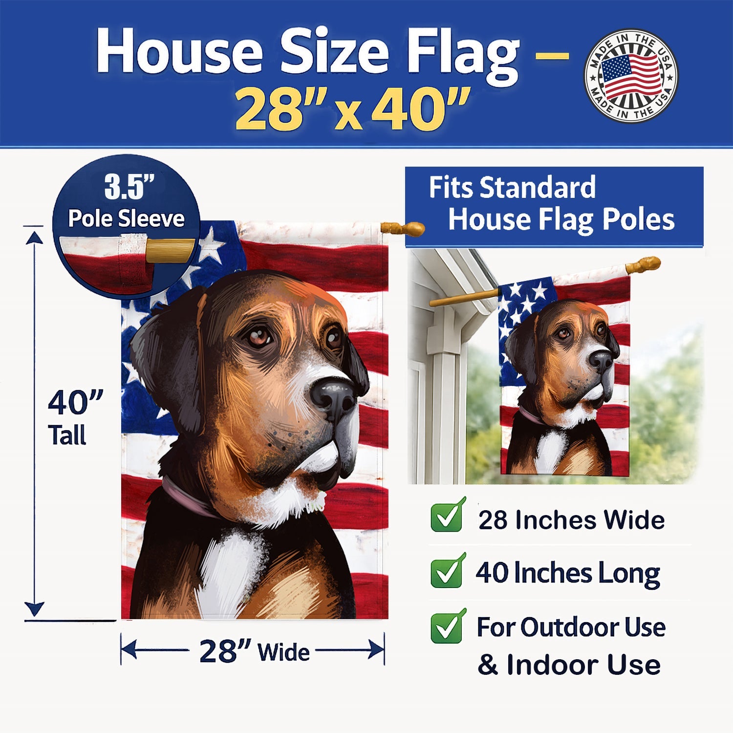 Austrian Black and Tan Hound American Flag House Flag 28x40 Porch Sleeve Pole Decorative Outside Yard Banner Artwork Wall Hanging, Polyester