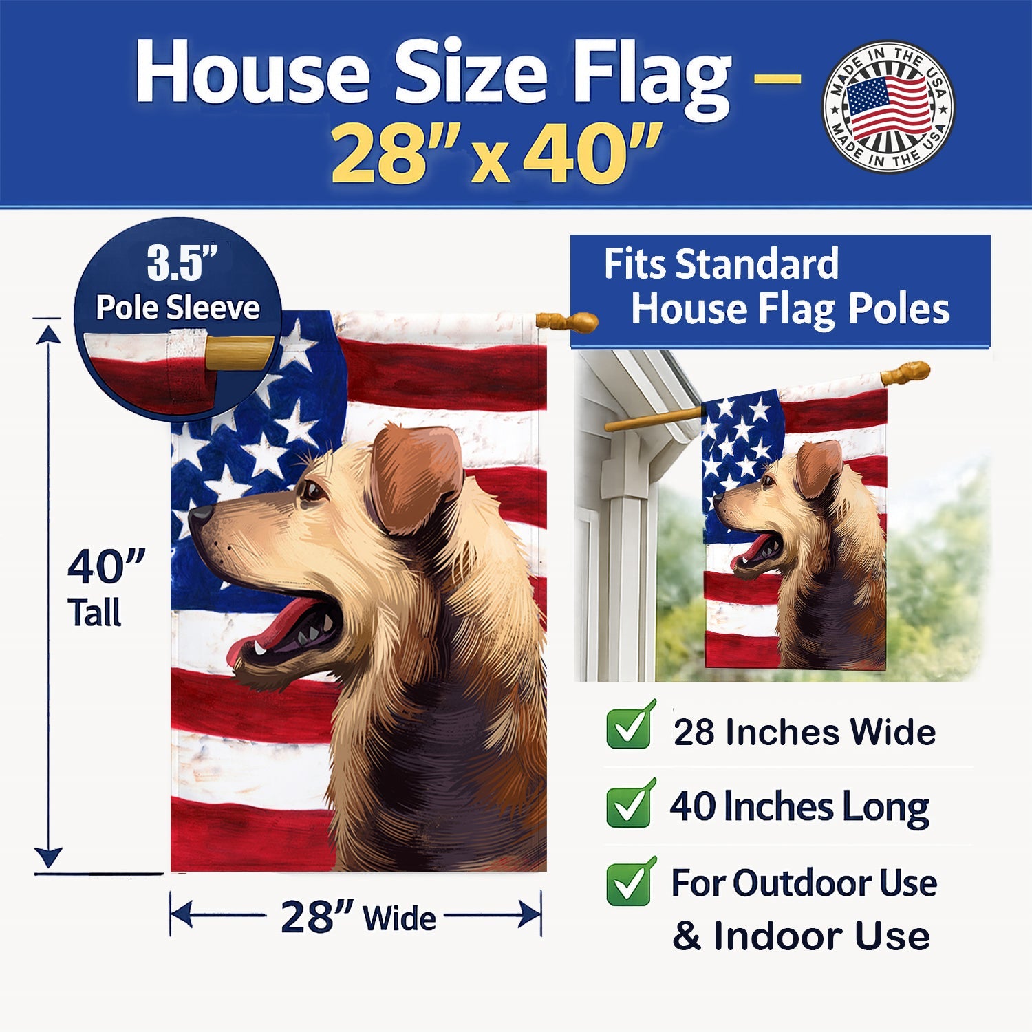 Austrian Pinscher American Flag House Flag 28x40 Porch Sleeve Pole Decorative Outside Yard Banner Artwork Wall Hanging, Polyester