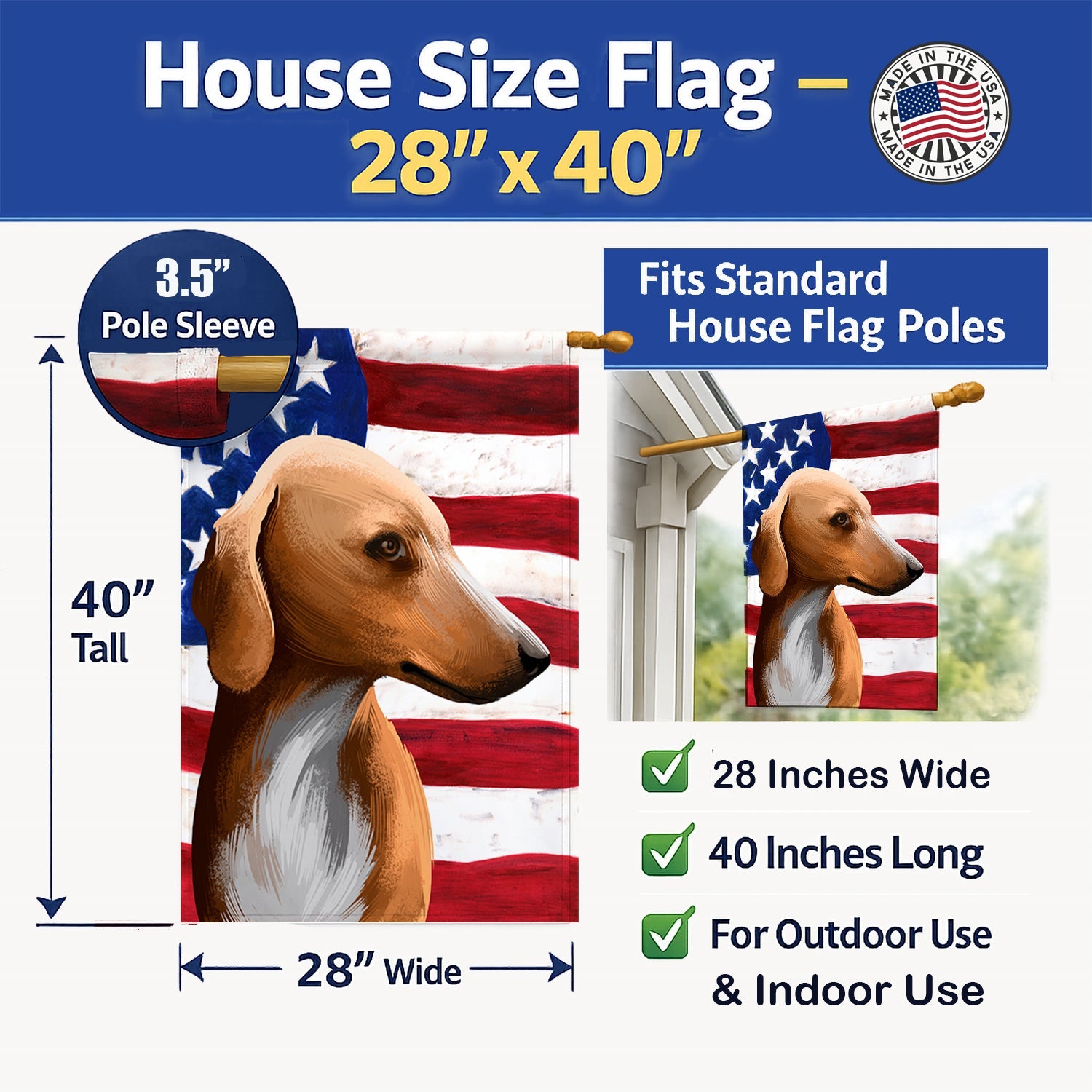 Azawakh Hound American Flag House Flag 28x40 Porch Sleeve Pole Decorative Outside Yard Banner Artwork Wall Hanging, Polyester