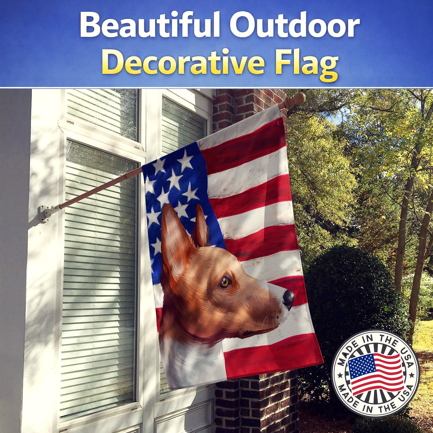 Basenji American Flag House Flag 28x40 Porch Sleeve Pole Decorative Outside Yard Banner Artwork Wall Hanging, Polyester