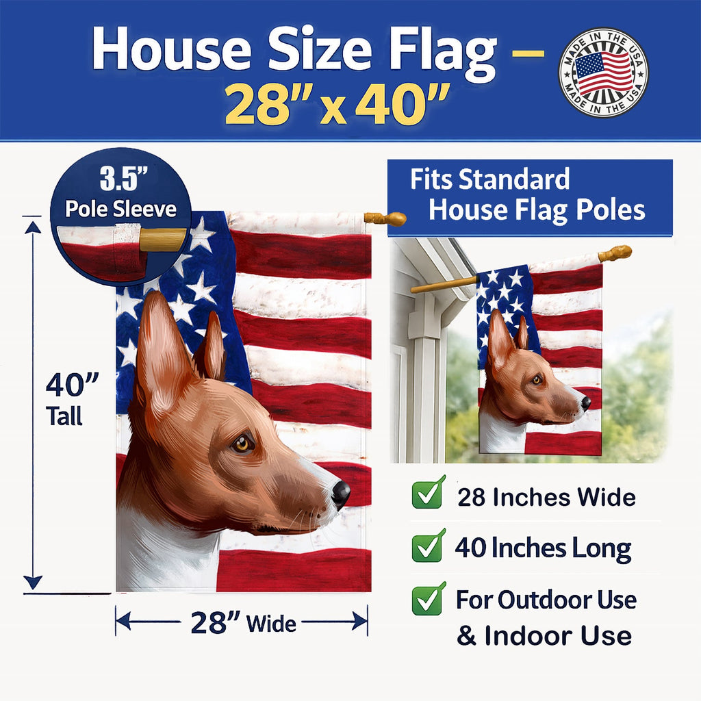 Basenji American Flag House Flag 28x40 Porch Sleeve Pole Decorative Outside Yard Banner Artwork Wall Hanging, Polyester
