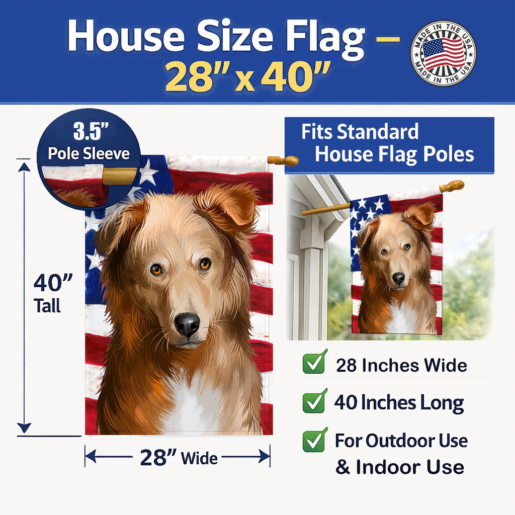 Basque Shepherd Dog American Flag House Flag 28x40 Porch Sleeve Pole Decorative Outside Yard Banner Artwork Wall Hanging, Polyester