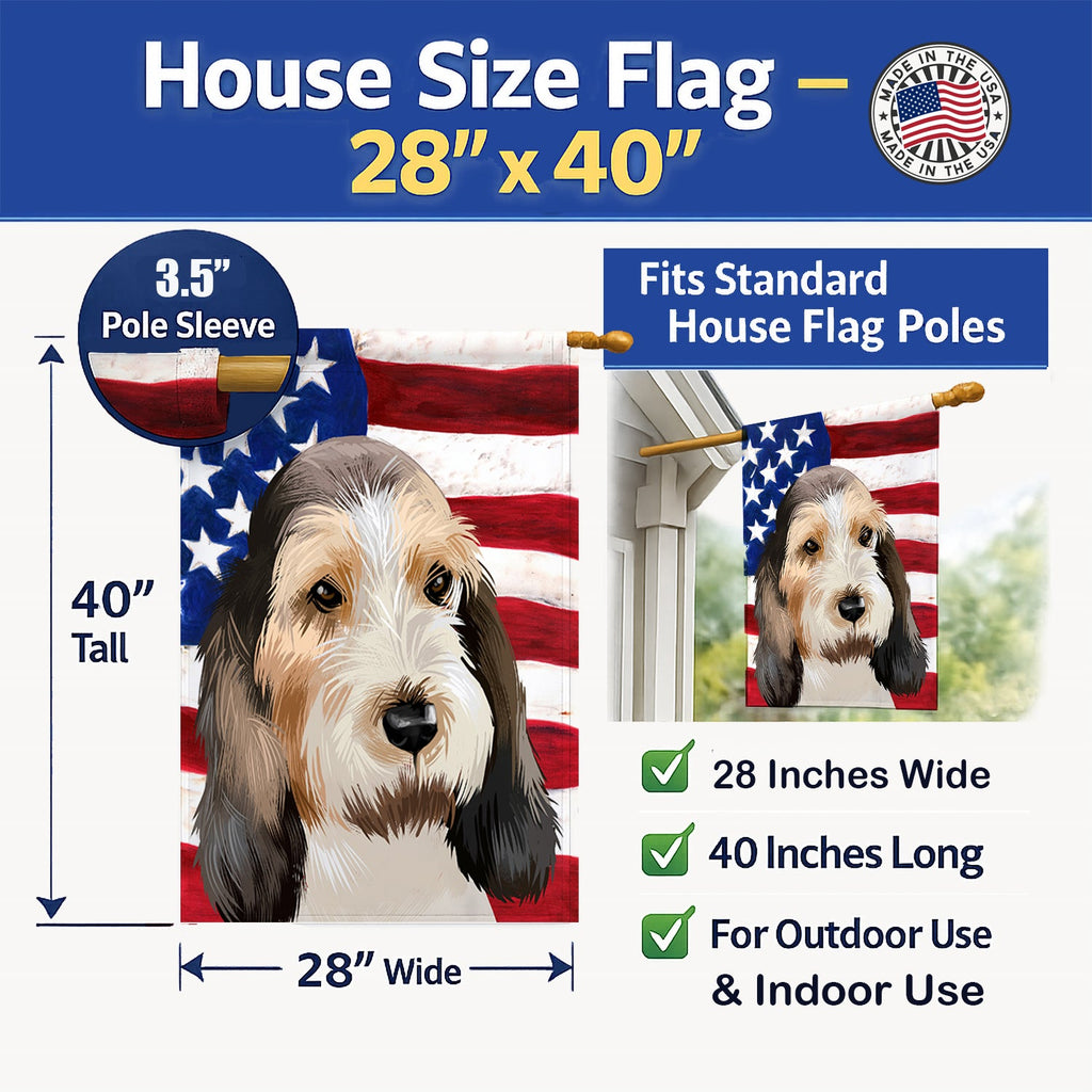 Grand Basset Griffon Vendeen American Flag House Flag 28x40 Porch Sleeve Pole Decorative Outside Yard Banner Artwork Wall Hanging, Polyester