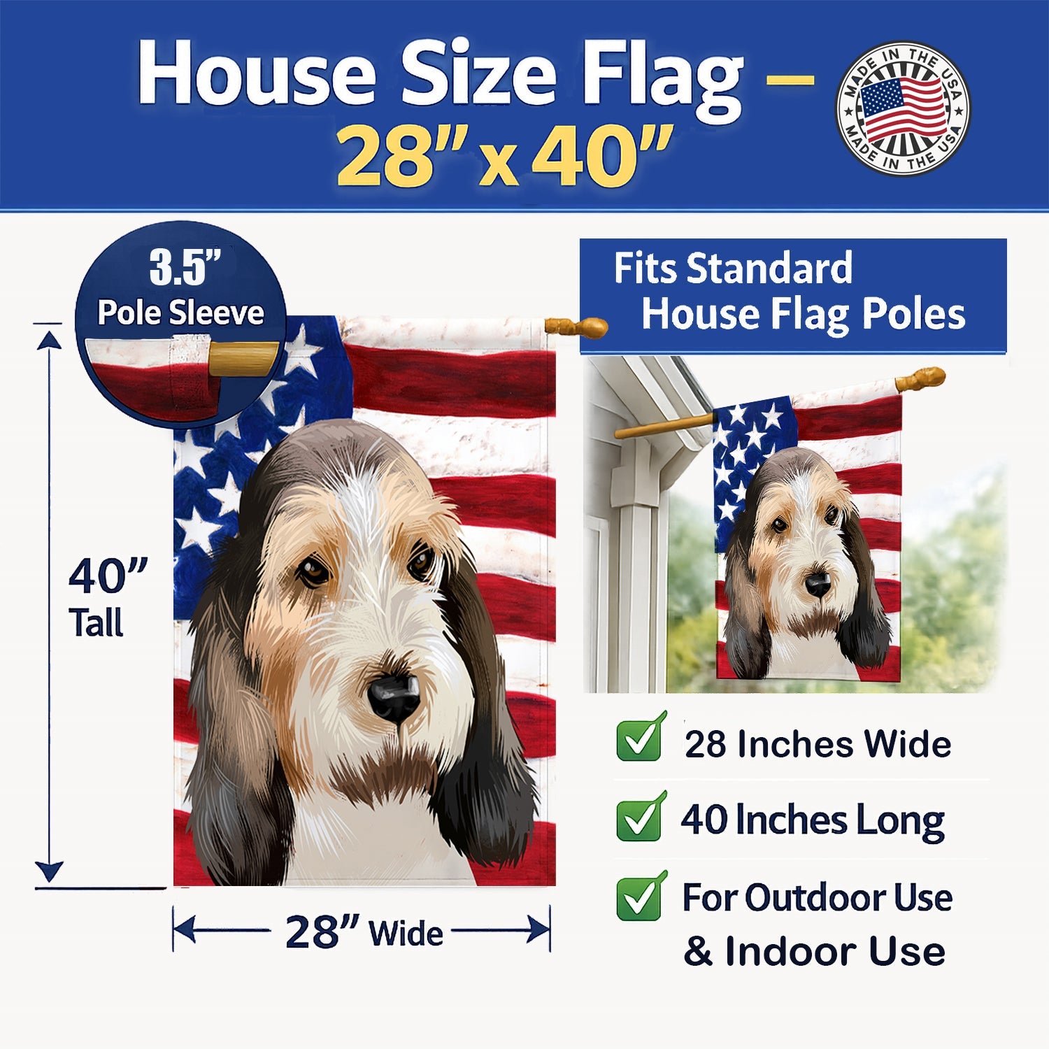 Grand Basset Griffon Vendeen American Flag House Flag 28x40 Porch Sleeve Pole Decorative Outside Yard Banner Artwork Wall Hanging, Polyester
