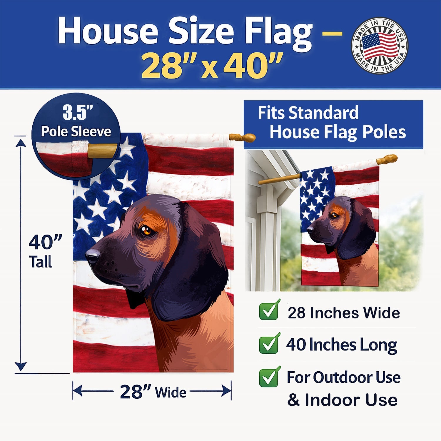 Bavarian Mountain Hound American Flag House Flag 28x40 Porch Sleeve Pole Decorative Outside Yard Banner Artwork Wall Hanging, Polyester
